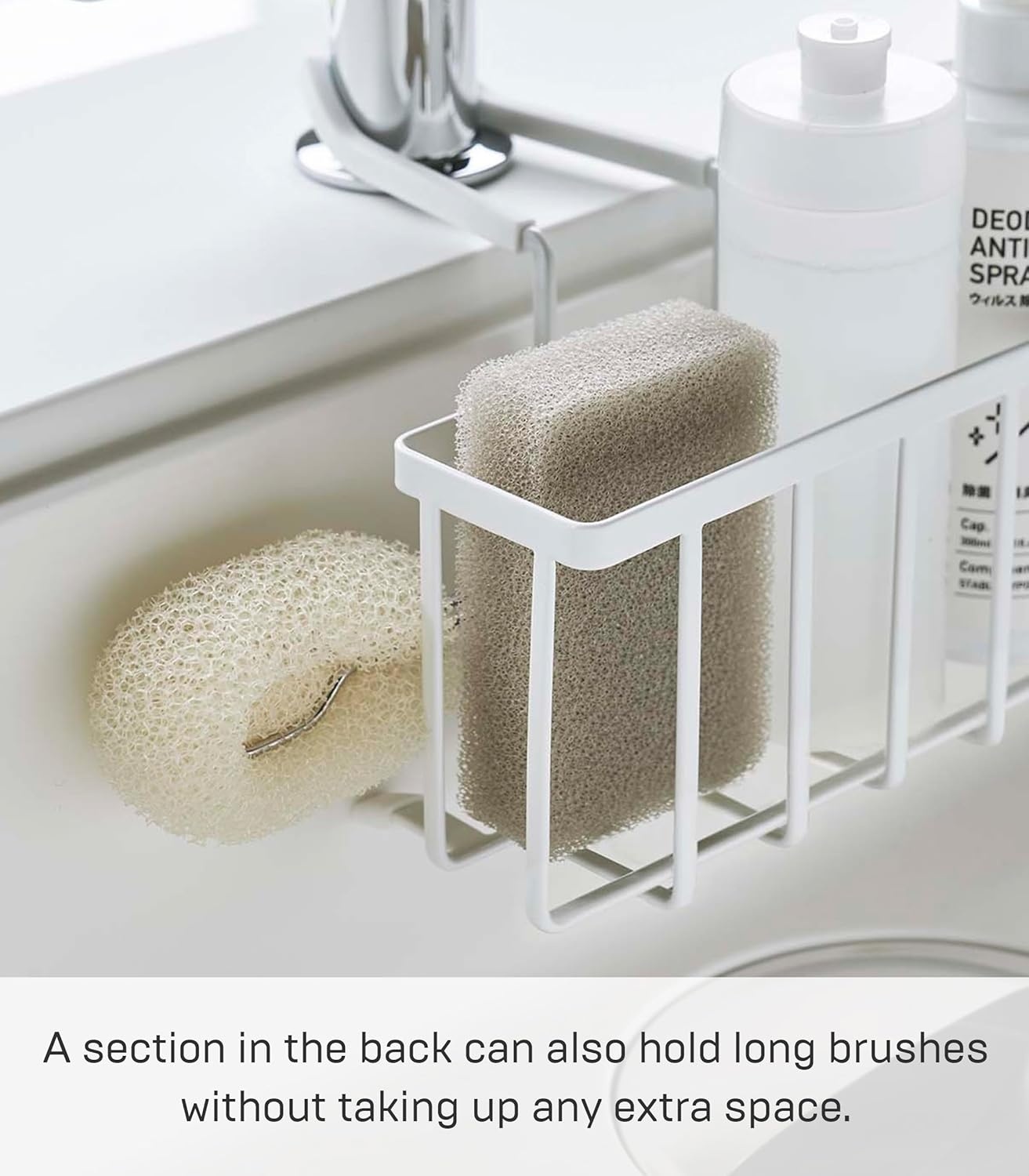 image:imageYAMAZAKI Home Tower FaucetHanging Sponge Caddy Kitchen Sink Dish Soap Bottle Brush Scrubber Organizer Holder Metal with Silicone Protection SteelWhite