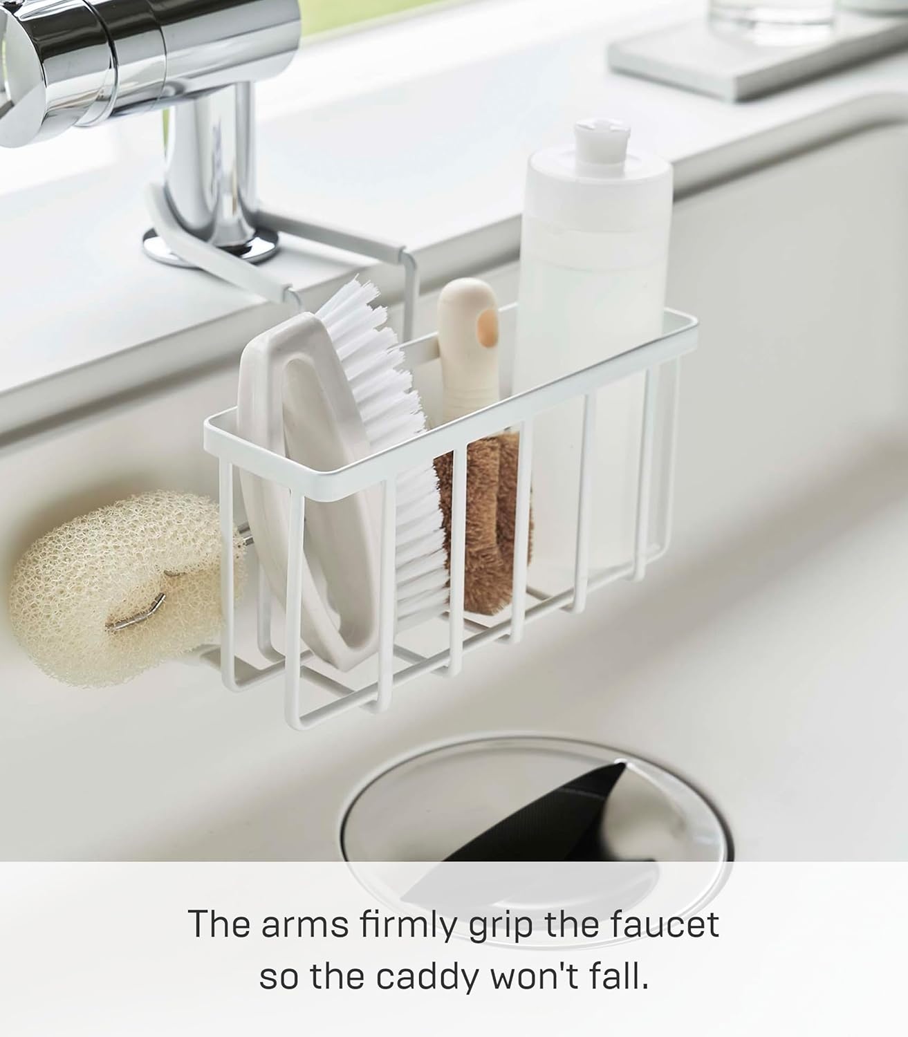 image:imageYAMAZAKI Home Tower FaucetHanging Sponge Caddy Kitchen Sink Dish Soap Bottle Brush Scrubber Organizer Holder Metal with Silicone Protection SteelWhite