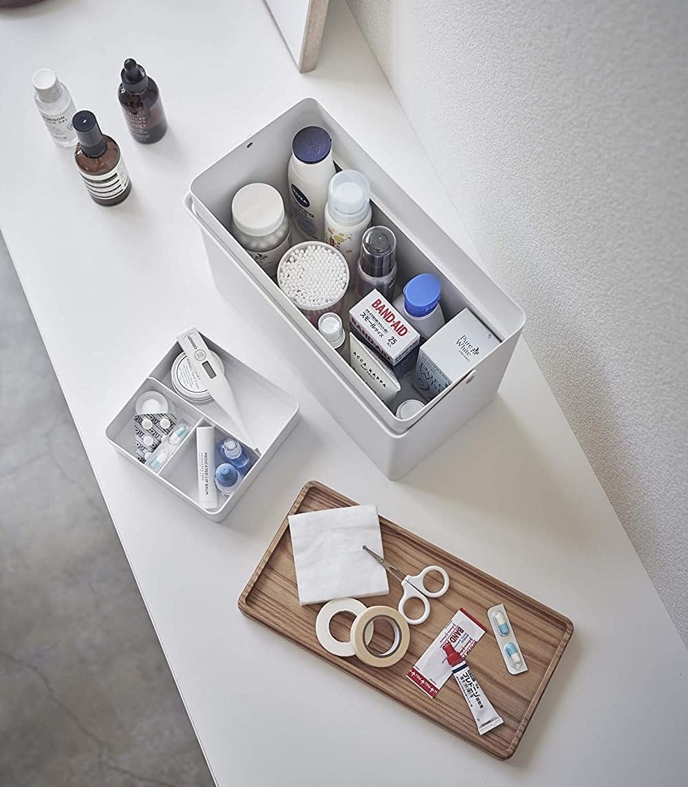 image:imageYAMAZAKI Home Tower First Aid Box Three Tiered Medical Supplies Metal Organizer With Multicompartment Storage Steel WoodWhite