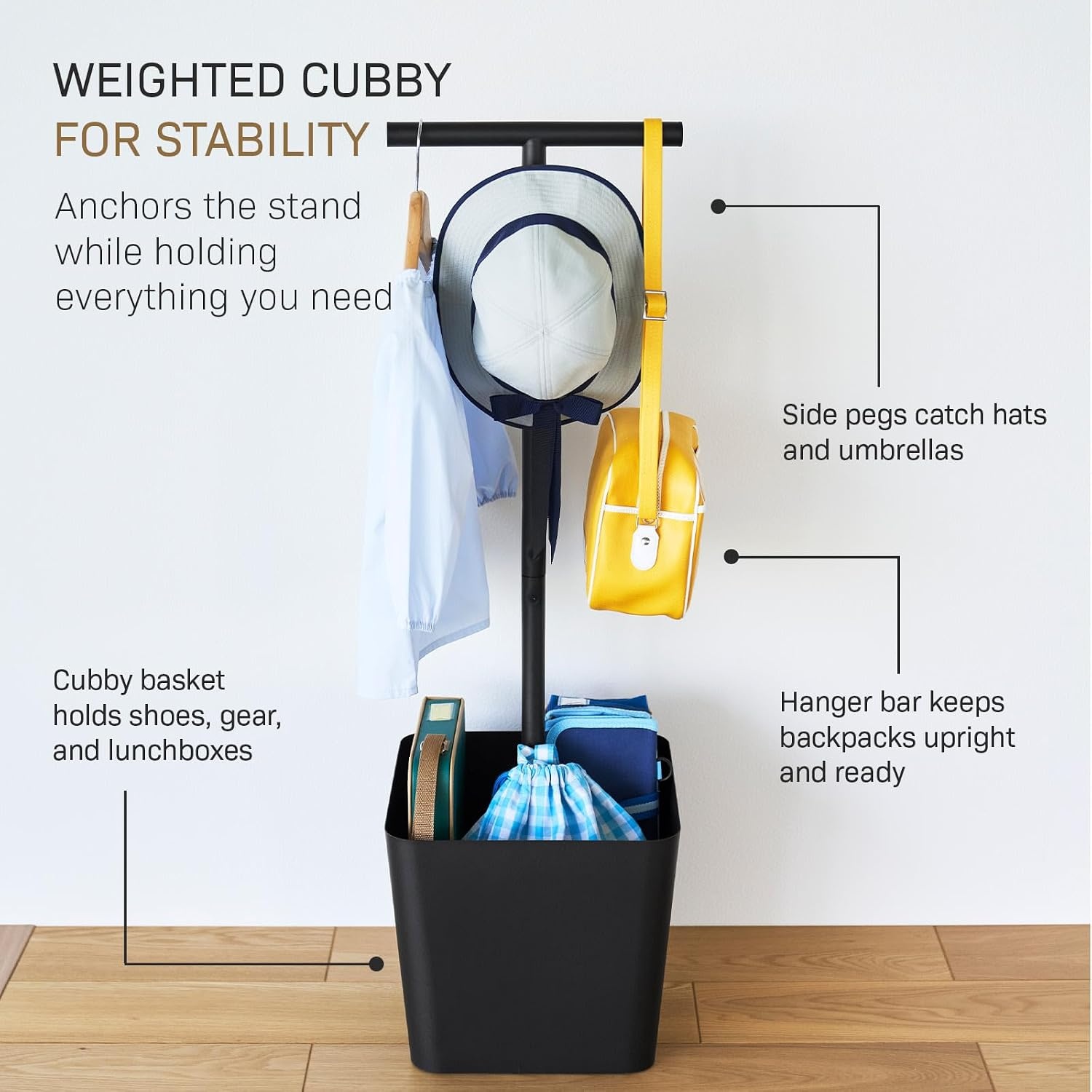 image:imageYAMAZAKI Home Tower Home Backpack Stand With Cubby Adult And Kids Backpack Organizer With Hanger Bar Hooks And Storage Basket For School Bags Supplies Entryway SteelBlack