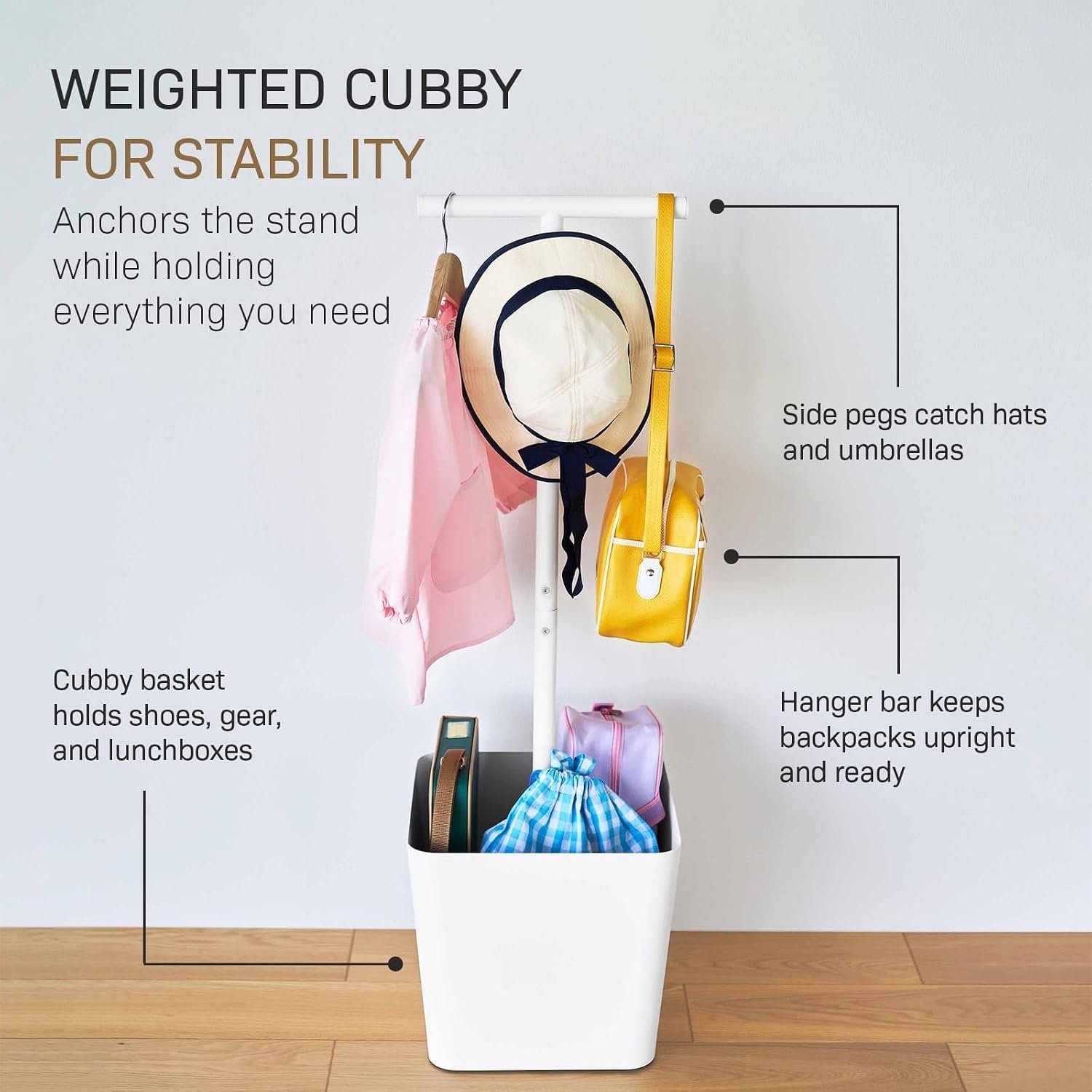 image:imageYAMAZAKI Home Tower Home Backpack Stand With Cubby Adult And Kids Backpack Organizer With Hanger Bar Hooks And Storage Basket For School Bags Supplies Entryway SteelWhite