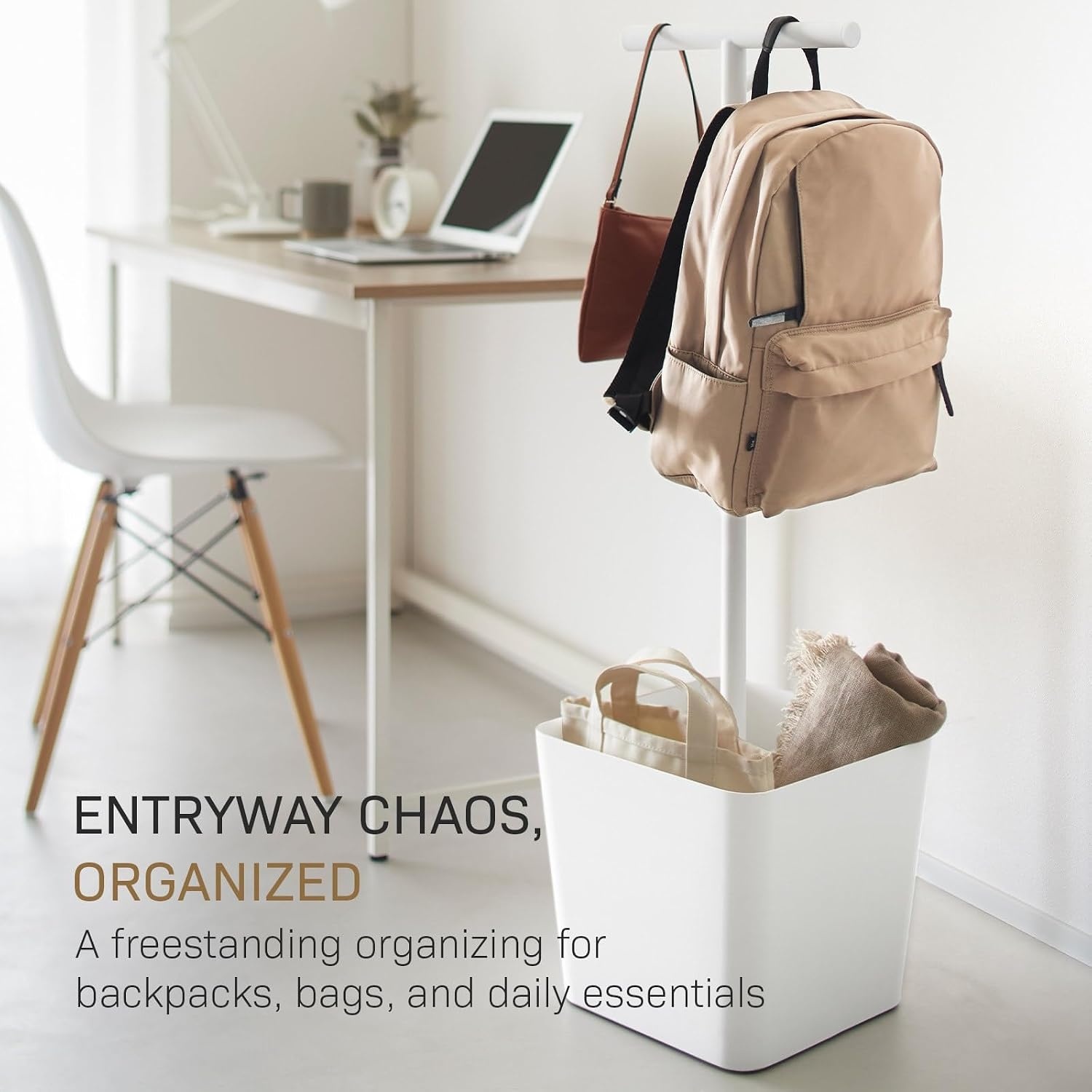 image:imageYAMAZAKI Home Tower Home Backpack Stand With Cubby Adult And Kids Backpack Organizer With Hanger Bar Hooks And Storage Basket For School Bags Supplies Entryway SteelWhite