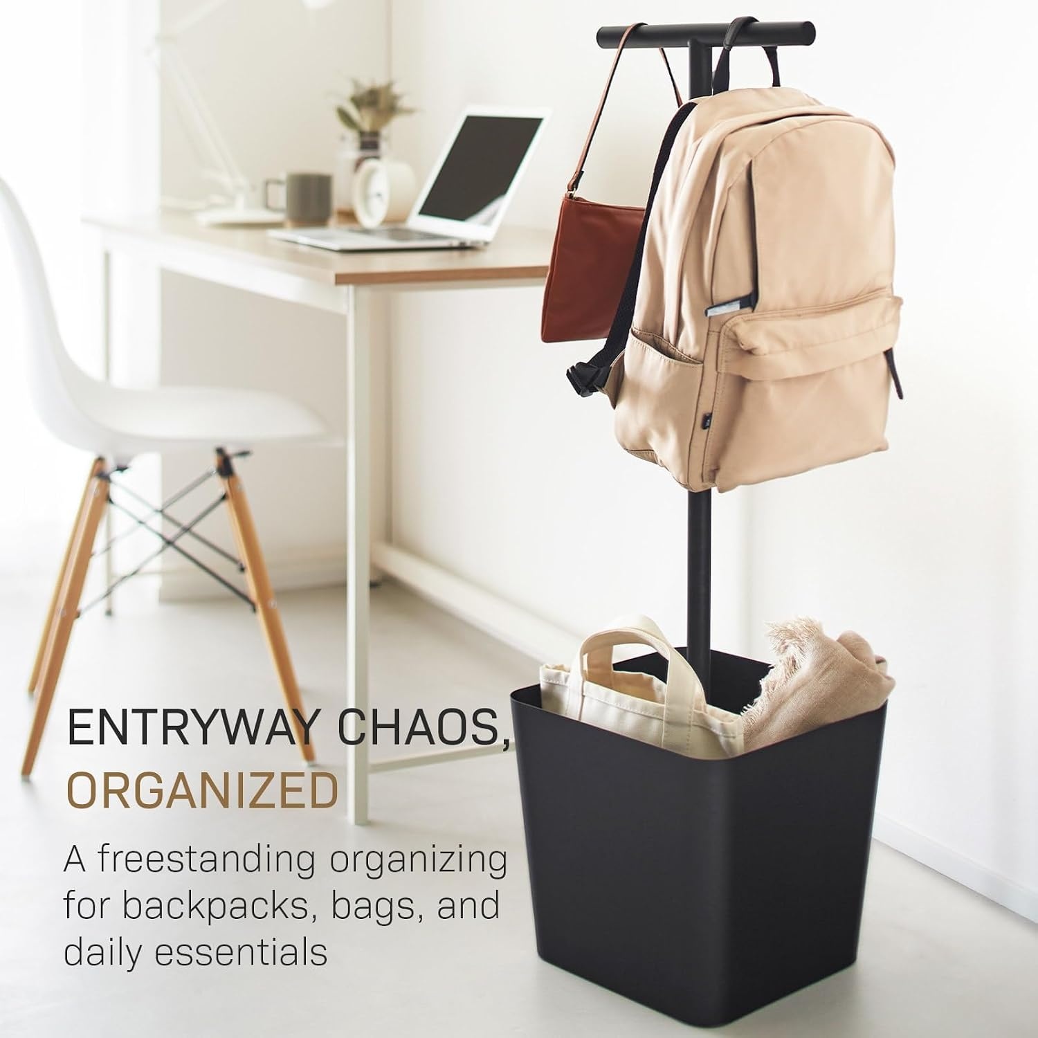 image:imageYAMAZAKI Home Tower Home Backpack Stand With Cubby Adult And Kids Backpack Organizer With Hanger Bar Hooks And Storage Basket For School Bags Supplies Entryway SteelBlack