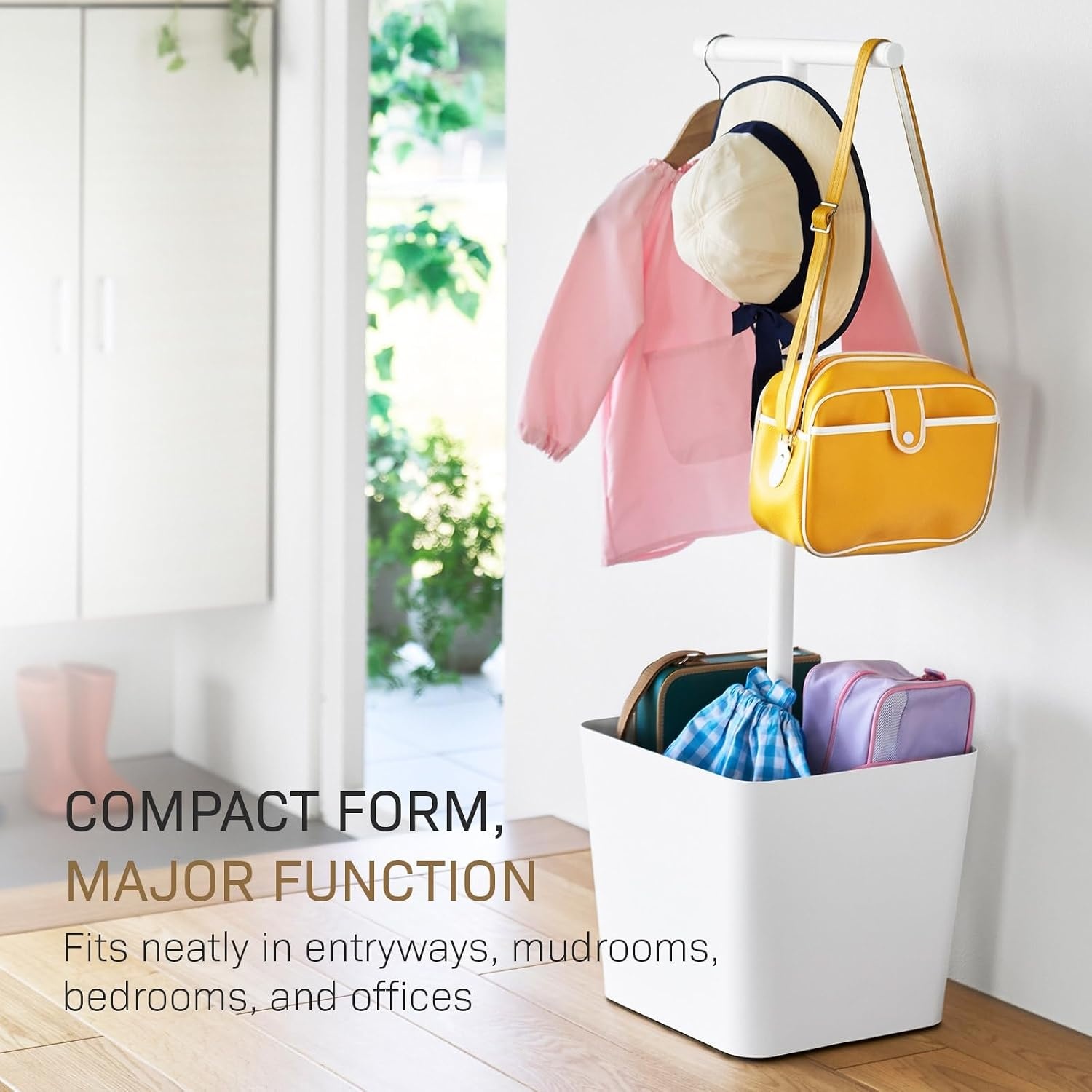 image:imageYAMAZAKI Home Tower Home Backpack Stand With Cubby Adult And Kids Backpack Organizer With Hanger Bar Hooks And Storage Basket For School Bags Supplies Entryway SteelWhite