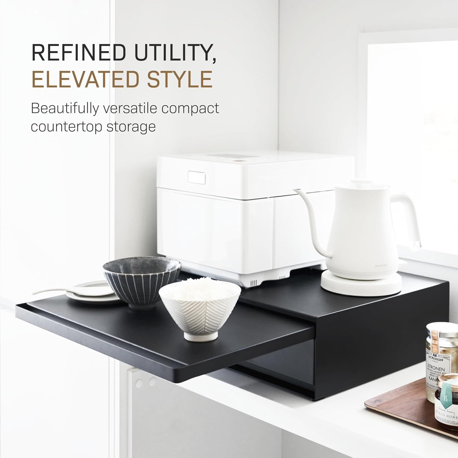 image:imageYAMAZAKI Home Tower Kitchen Countertop Organizer Appliance Stand with Drawer and PullOut Shelf Steel Microwave Stand with Drawer Modern Countertop Shelf Organizer White SpaceSaving DesignBlack