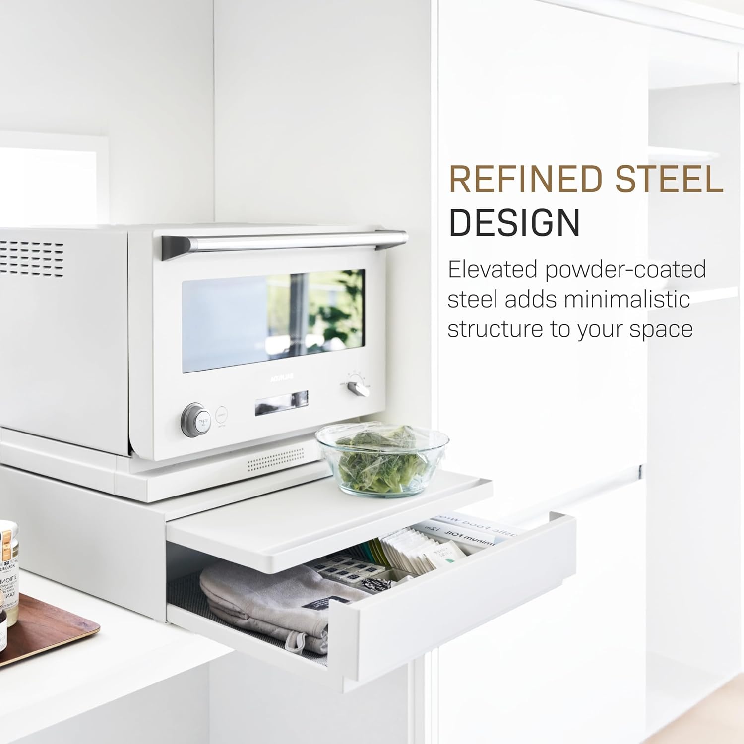image:imageYAMAZAKI Home Tower Kitchen Countertop Organizer Appliance Stand with Drawer and PullOut Shelf Steel Microwave Stand with Drawer Modern Countertop Shelf Organizer White SpaceSaving DesignWhite