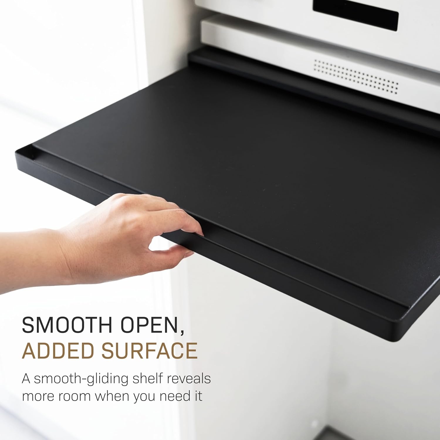image:imageYAMAZAKI Home Tower Kitchen Countertop Organizer Appliance Stand with Drawer and PullOut Shelf Steel Microwave Stand with Drawer Modern Countertop Shelf Organizer White SpaceSaving DesignBlack