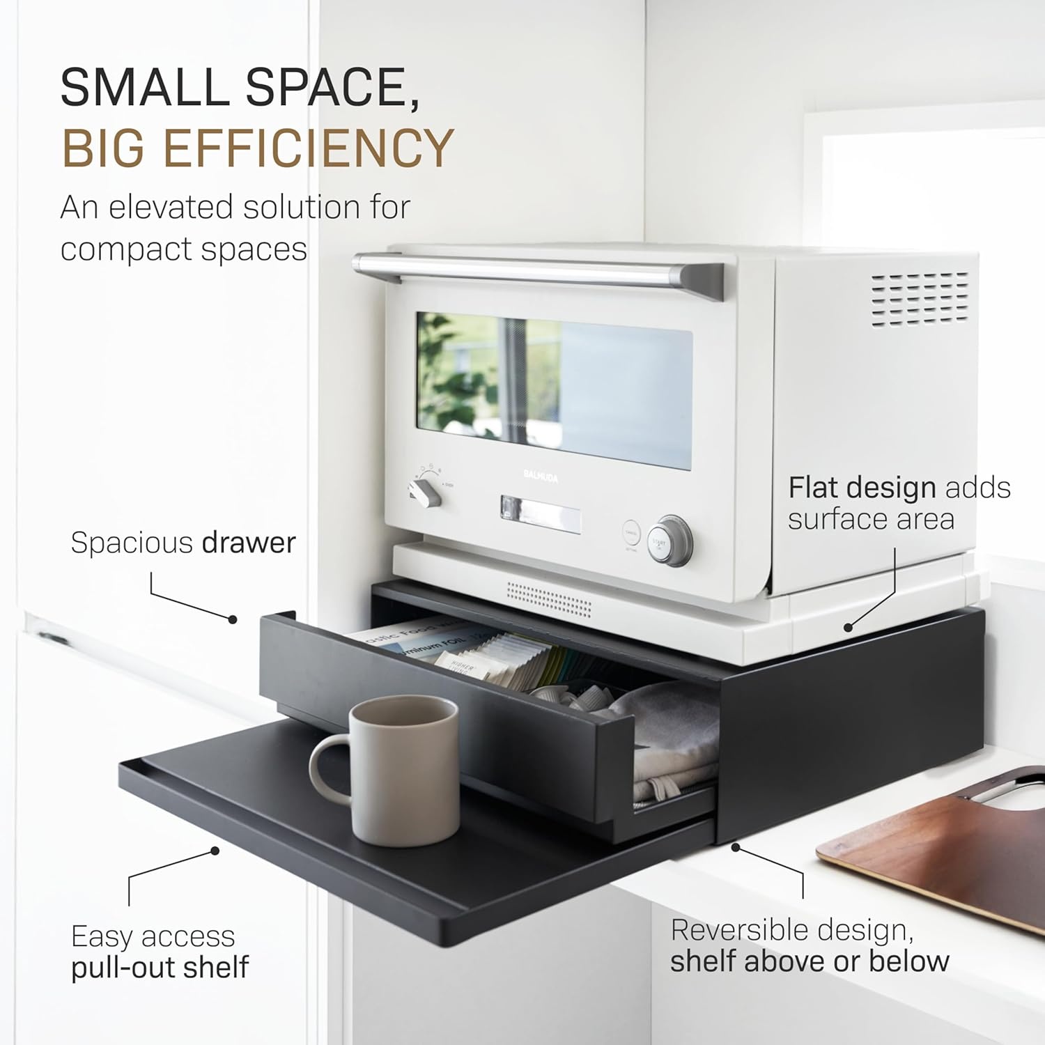image:imageYAMAZAKI Home Tower Kitchen Countertop Organizer Appliance Stand with Drawer and PullOut Shelf Steel Microwave Stand with Drawer Modern Countertop Shelf Organizer White SpaceSaving DesignBlack