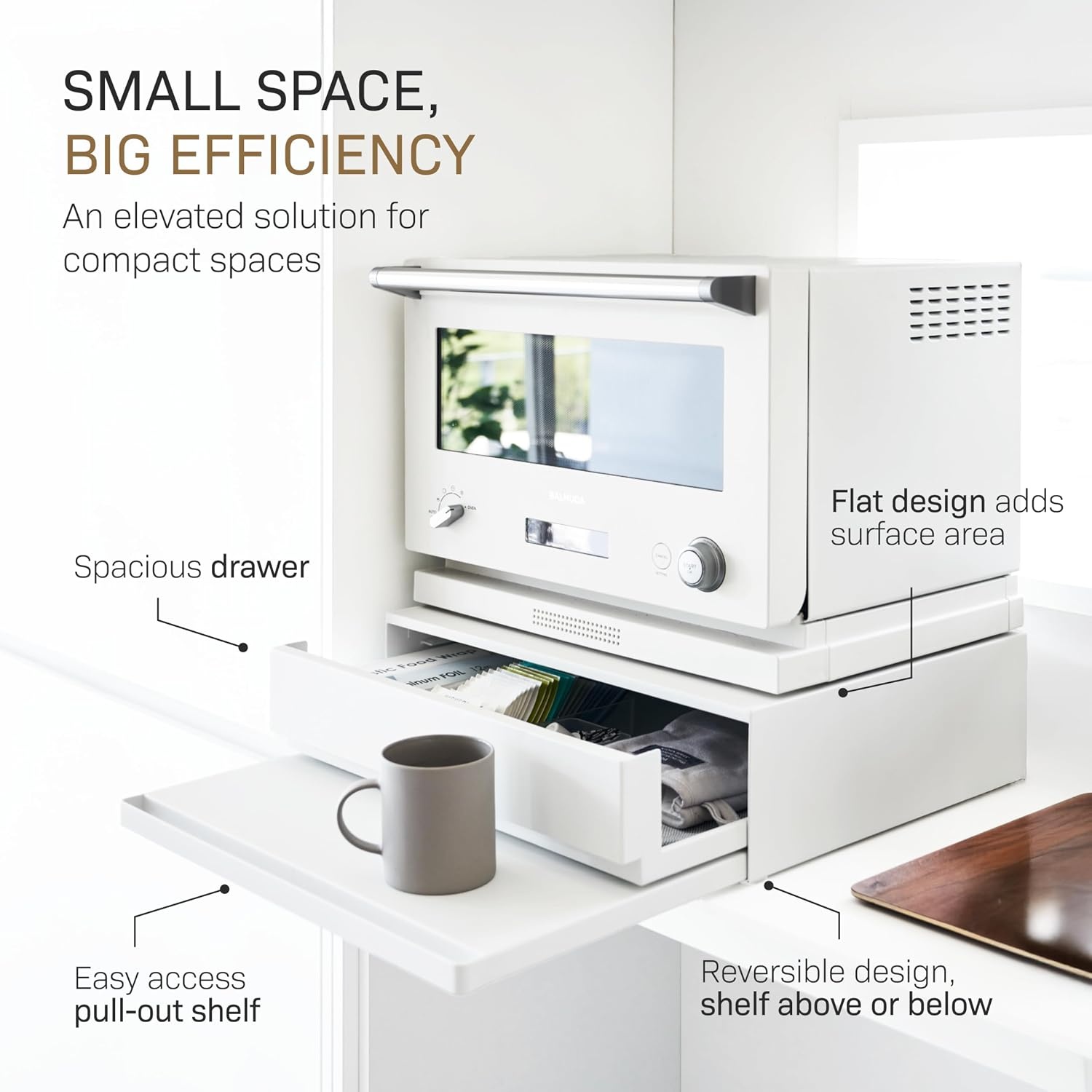 image:imageYAMAZAKI Home Tower Kitchen Countertop Organizer Appliance Stand with Drawer and PullOut Shelf Steel Microwave Stand with Drawer Modern Countertop Shelf Organizer White SpaceSaving DesignWhite