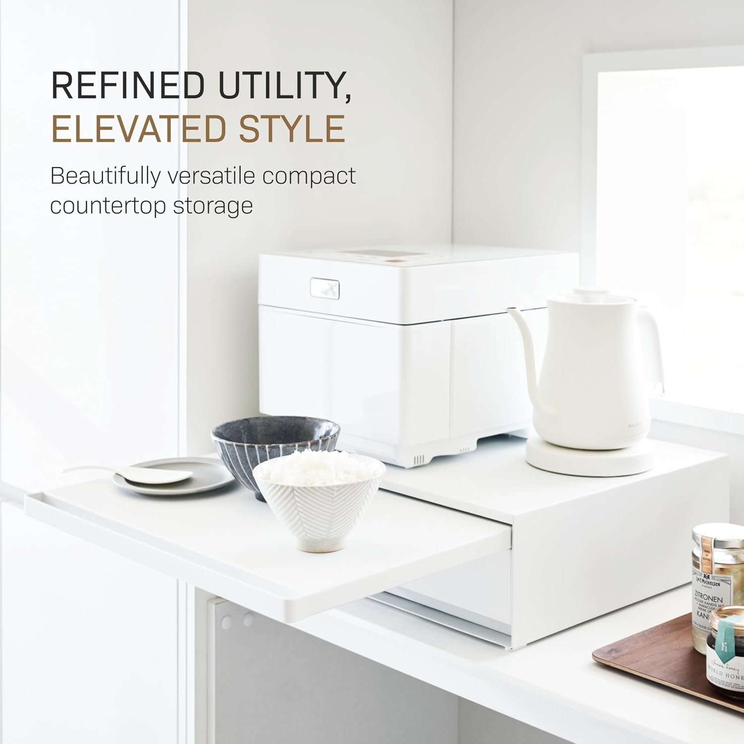 image:imageYAMAZAKI Home Tower Kitchen Countertop Organizer Appliance Stand with Drawer and PullOut Shelf Steel Microwave Stand with Drawer Modern Countertop Shelf Organizer White SpaceSaving DesignWhite
