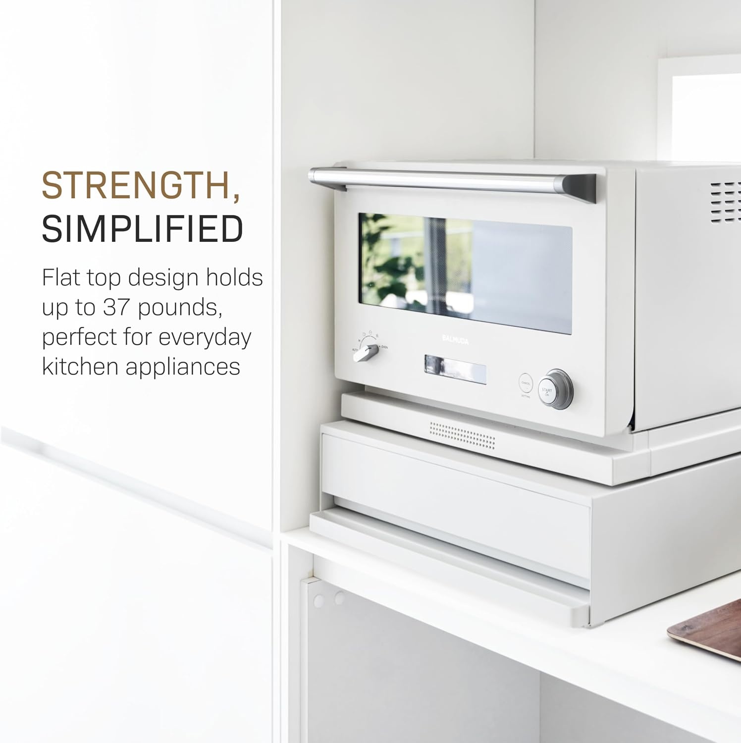image:imageYAMAZAKI Home Tower Kitchen Countertop Organizer Appliance Stand with Drawer and PullOut Shelf Steel Microwave Stand with Drawer Modern Countertop Shelf Organizer White SpaceSaving DesignWhite