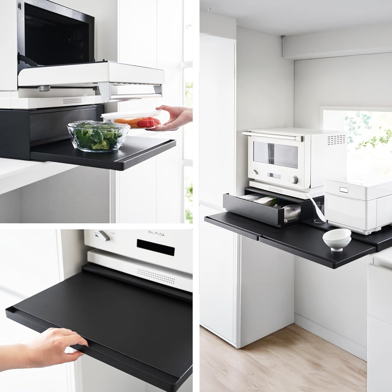 image:imageYAMAZAKI Home Tower Kitchen Countertop Organizer Appliance Stand with Drawer and PullOut Shelf Steel Microwave Stand with Drawer Modern Countertop Shelf Organizer White SpaceSaving DesignBlack
