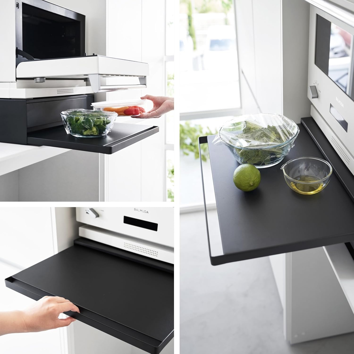 image:imageYAMAZAKI Home Tower Kitchen Countertop Organizer Appliance Stand with Drawer and PullOut Shelf Steel Microwave Stand with Drawer Modern Countertop Shelf Organizer White SpaceSaving DesignBlack