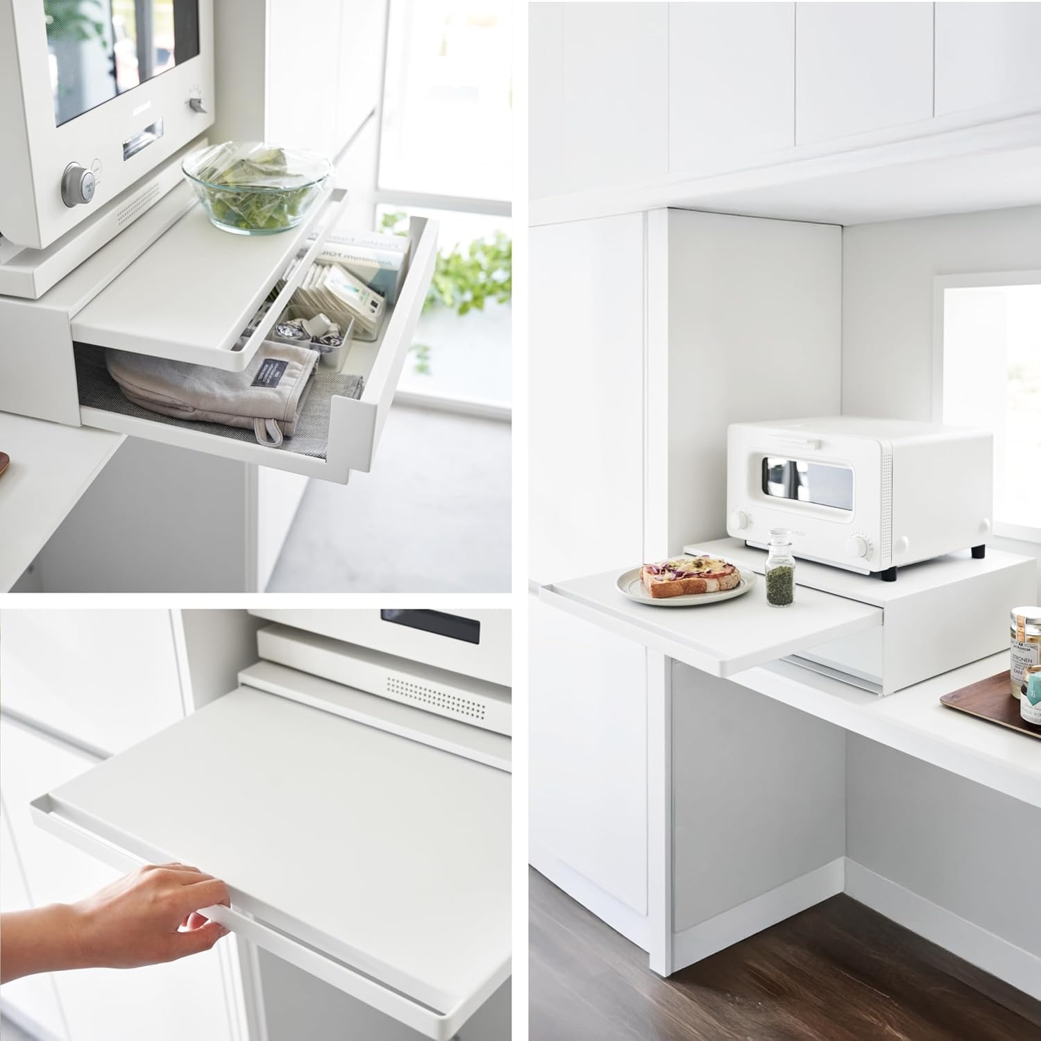 image:imageYAMAZAKI Home Tower Kitchen Countertop Organizer Appliance Stand with Drawer and PullOut Shelf Steel Microwave Stand with Drawer Modern Countertop Shelf Organizer White SpaceSaving DesignWhite