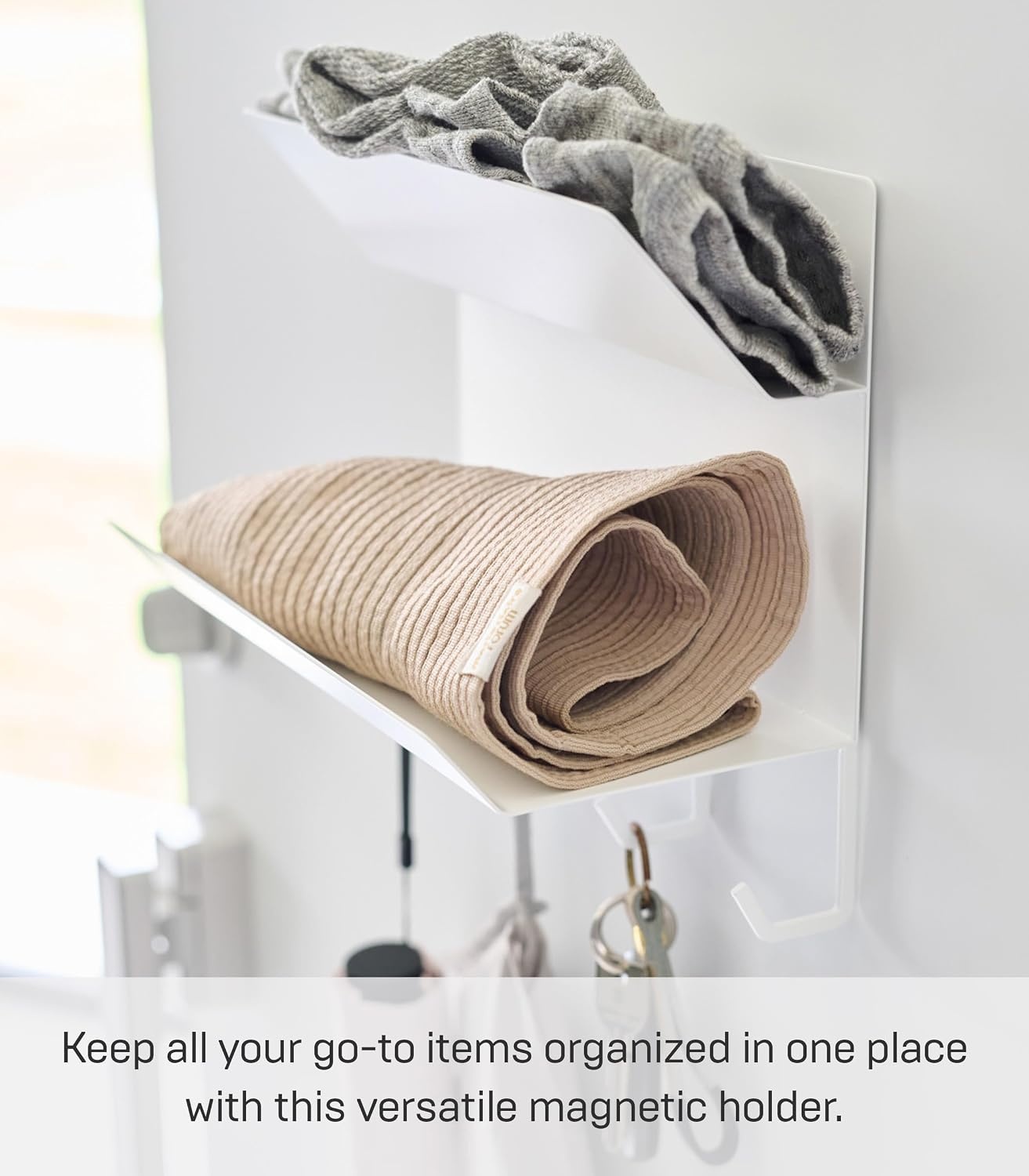 image:imageYAMAZAKI Home Tower Magnetic 2Tier Entryway Organizer Storage for Gloves and Hats with Hooks for Keys and Bags Steel