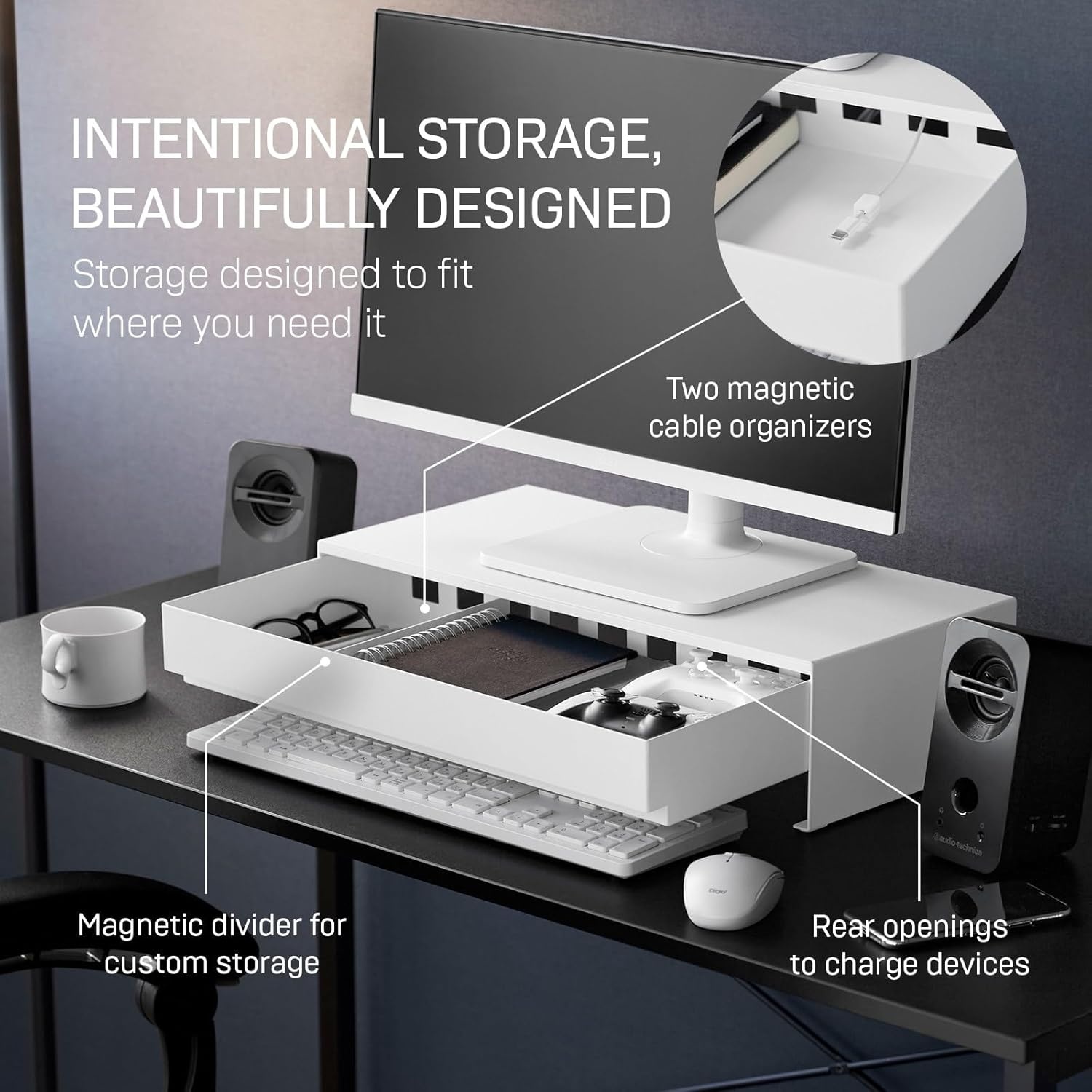 image:imageYAMAZAKI Home Tower Monitor Stand With Drawer Monitor Riser With Storage Desk Monitor Stand With Cable Management Gaming Organizer Steel Black SteelWhite