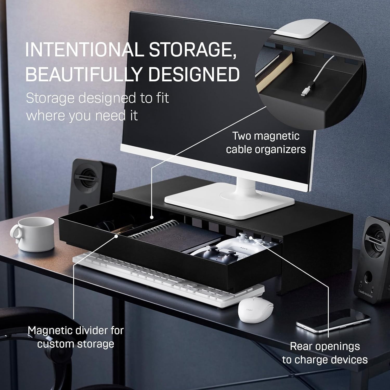 image:imageYAMAZAKI Home Tower Monitor Stand With Drawer Monitor Riser With Storage Desk Monitor Stand With Cable Management Gaming Organizer Steel Black SteelBlack