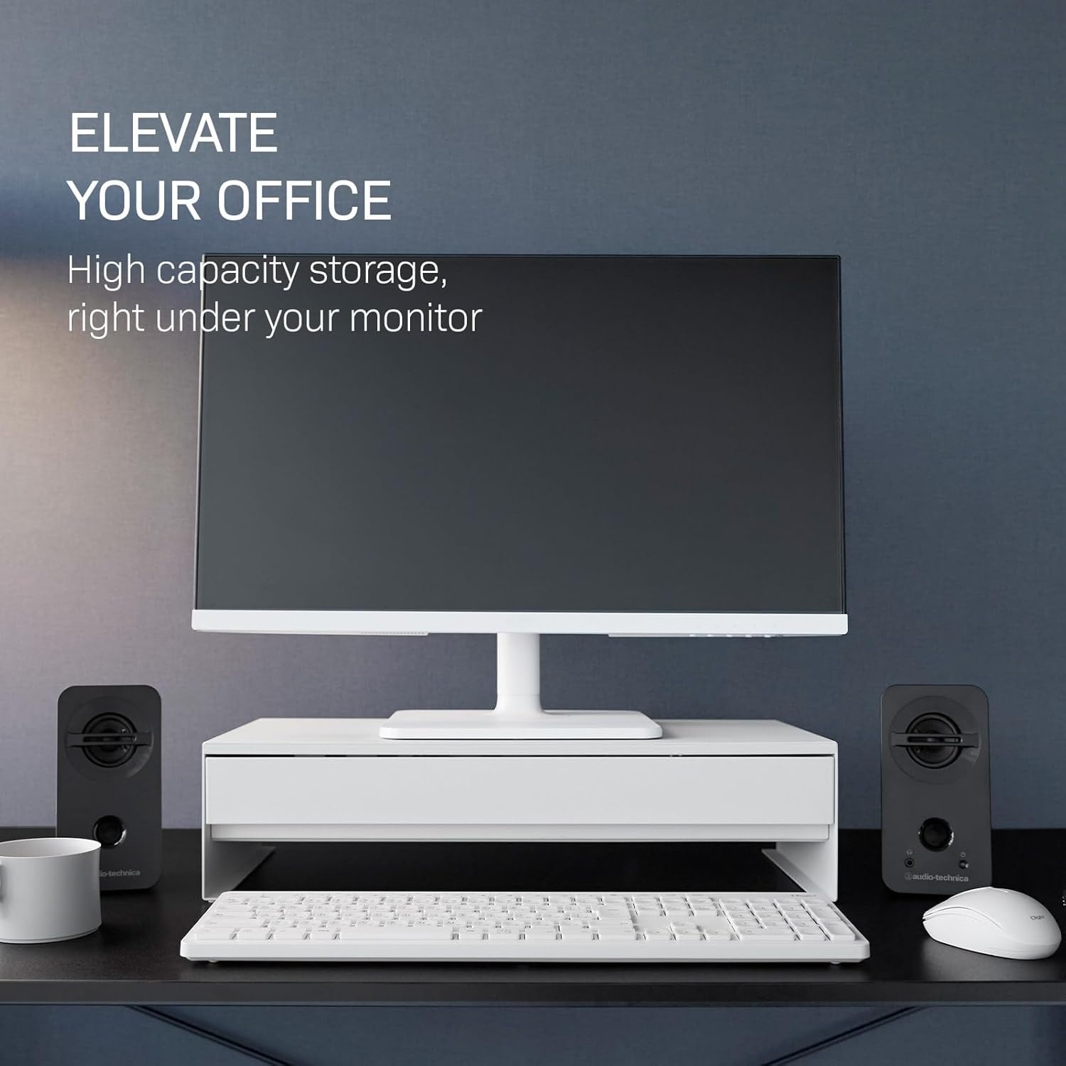 image:imageYAMAZAKI Home Tower Monitor Stand With Drawer Monitor Riser With Storage Desk Monitor Stand With Cable Management Gaming Organizer Steel Black SteelWhite