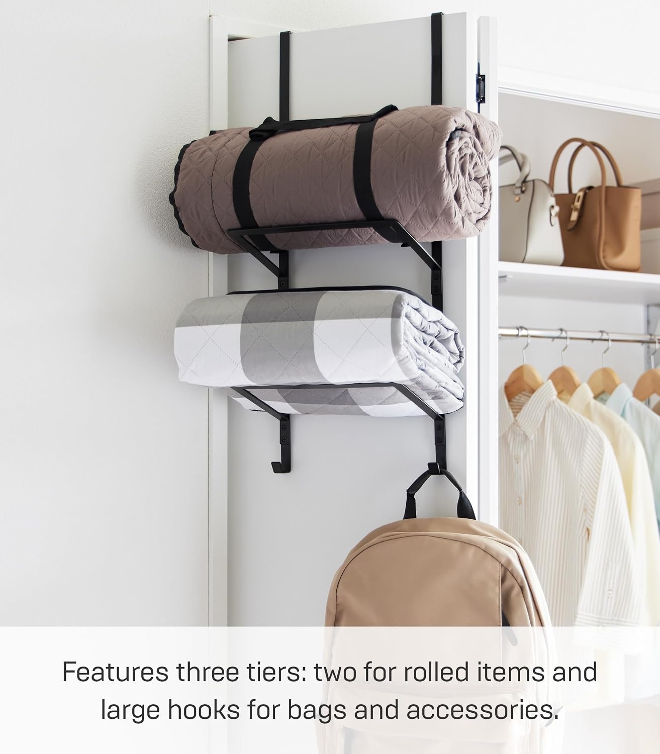 image:imageYAMAZAKI Home Tower OverTheDoor Yoga Mat Storage Hanger 3Tier Organizer for Foam Rollers Backpacks Hats Bags Extra Closet Space Saver SteelBlack