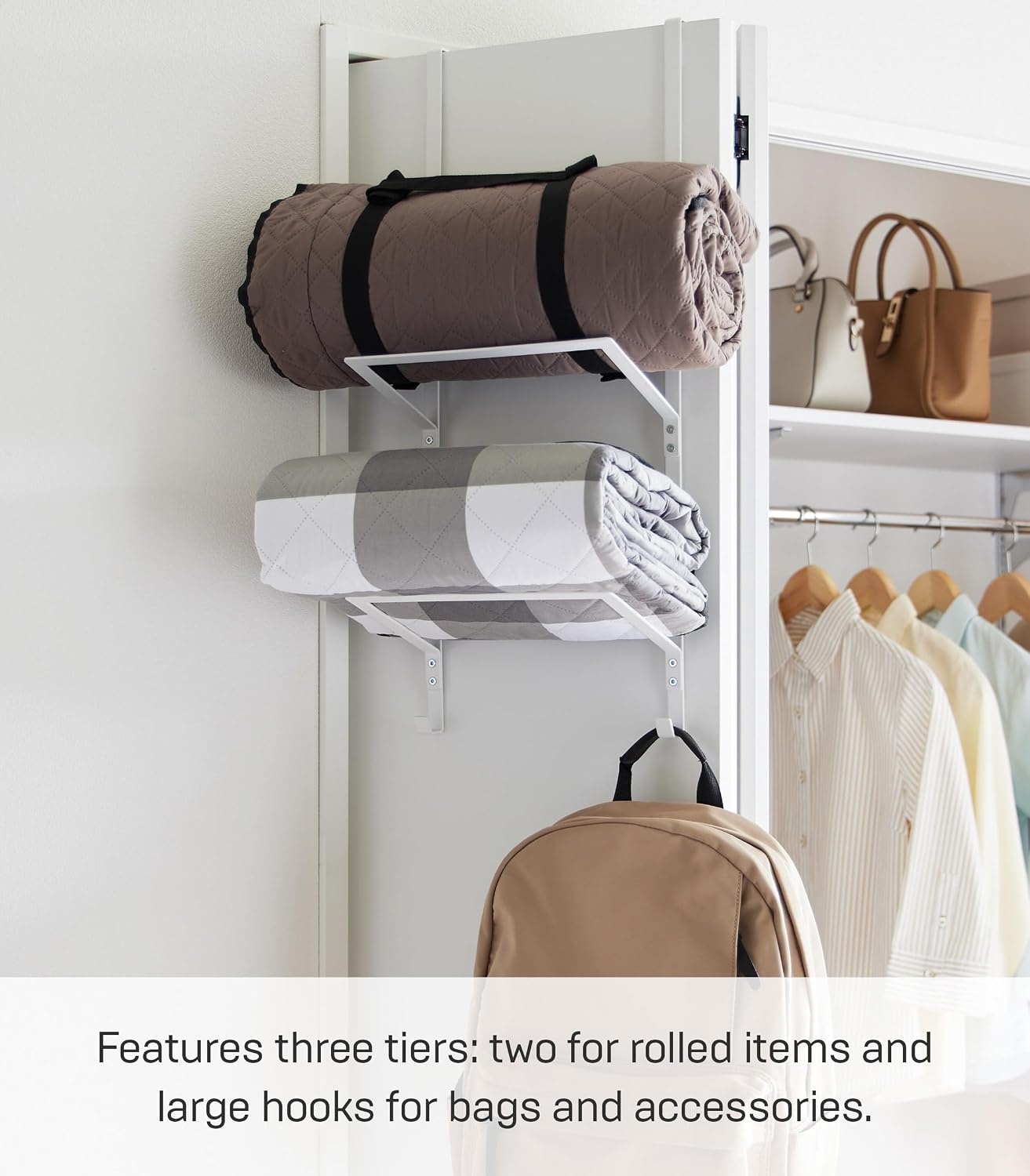 image:imageYAMAZAKI Home Tower OverTheDoor Yoga Mat Storage Hanger 3Tier Organizer for Foam Rollers Backpacks Hats Bags Extra Closet Space Saver SteelWhite