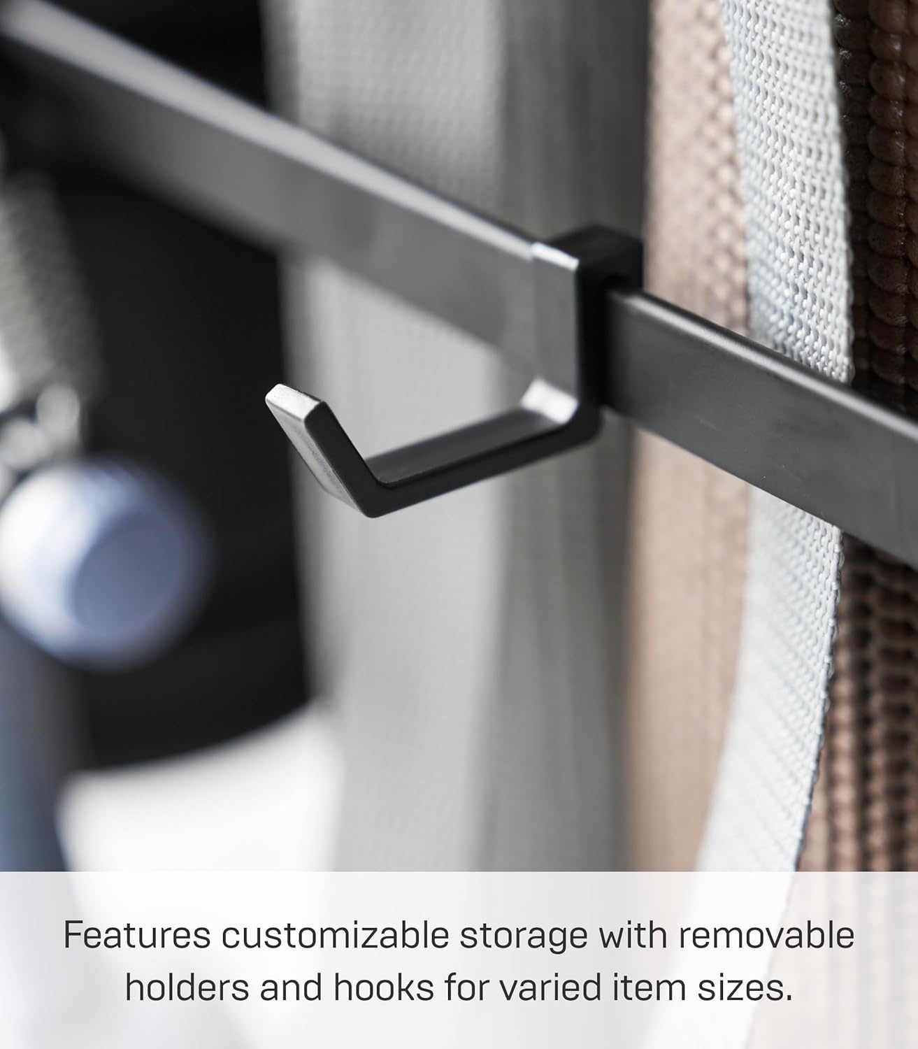 image:imageYAMAZAKI Home Tower Rolling Slim Fitness Rack with Adjustable Holder Casters Hooks for Gear Organization SteelBlack