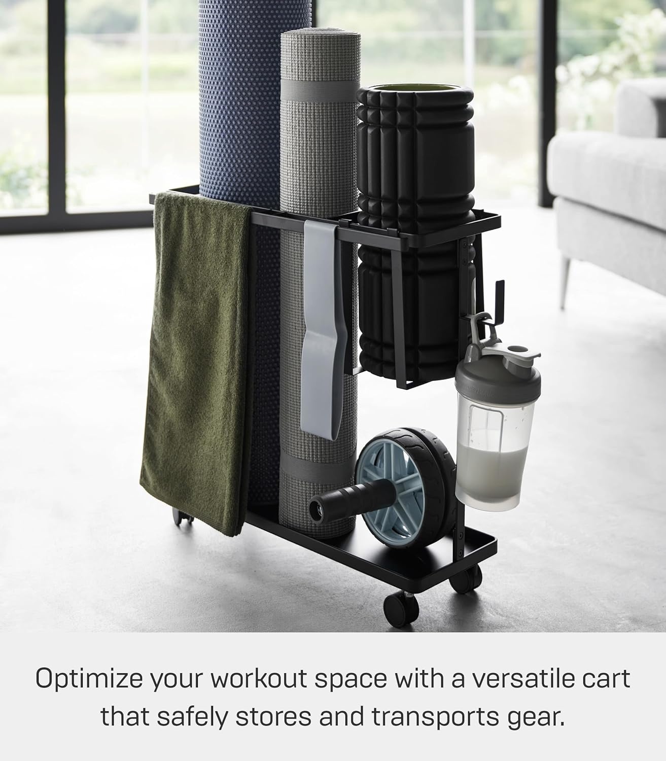 image:imageYAMAZAKI Home Tower Rolling Slim Fitness Rack with Adjustable Holder Casters Hooks for Gear Organization SteelBlack
