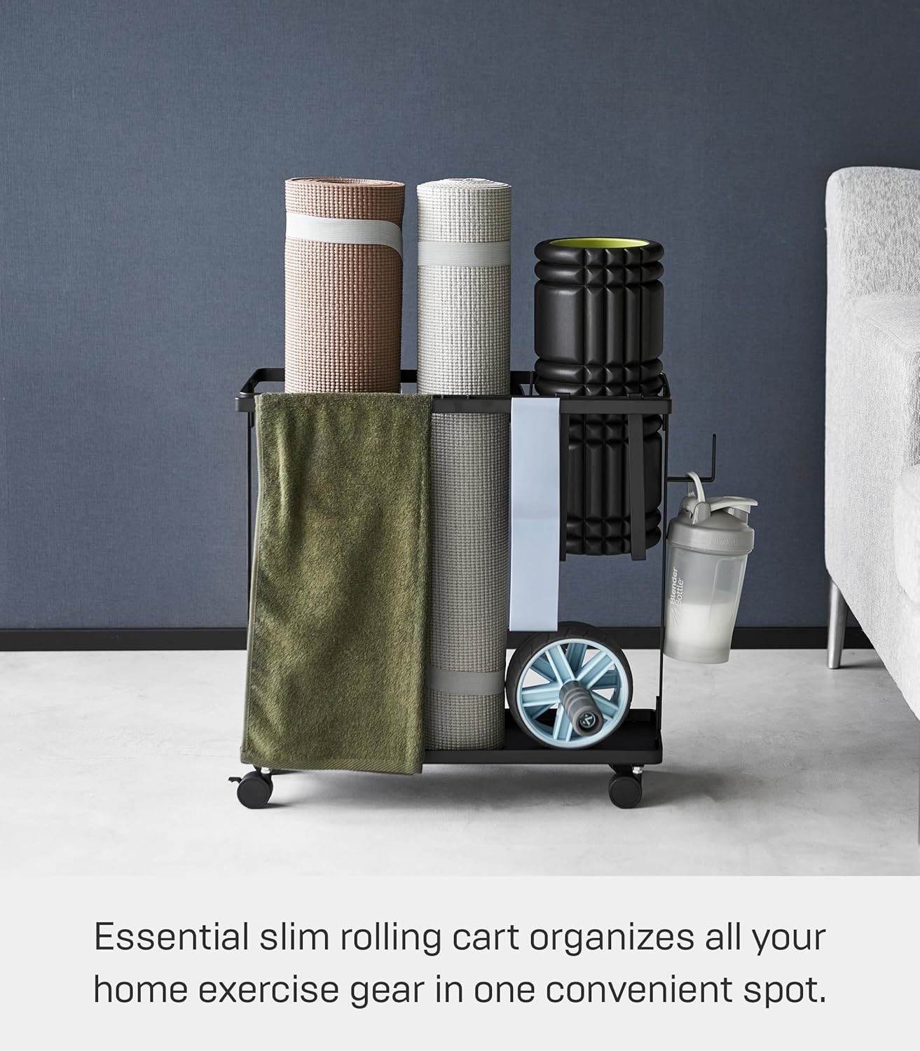 image:imageYAMAZAKI Home Tower Rolling Slim Fitness Rack with Adjustable Holder Casters Hooks for Gear Organization SteelBlack
