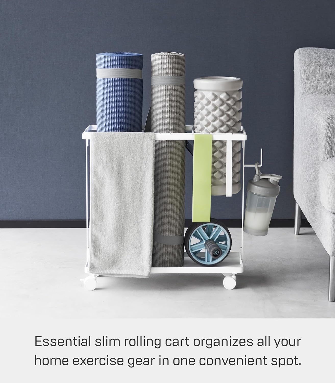 image:imageYAMAZAKI Home Tower Rolling Slim Fitness Rack with Adjustable Holder Casters Hooks for Gear Organization SteelWhite