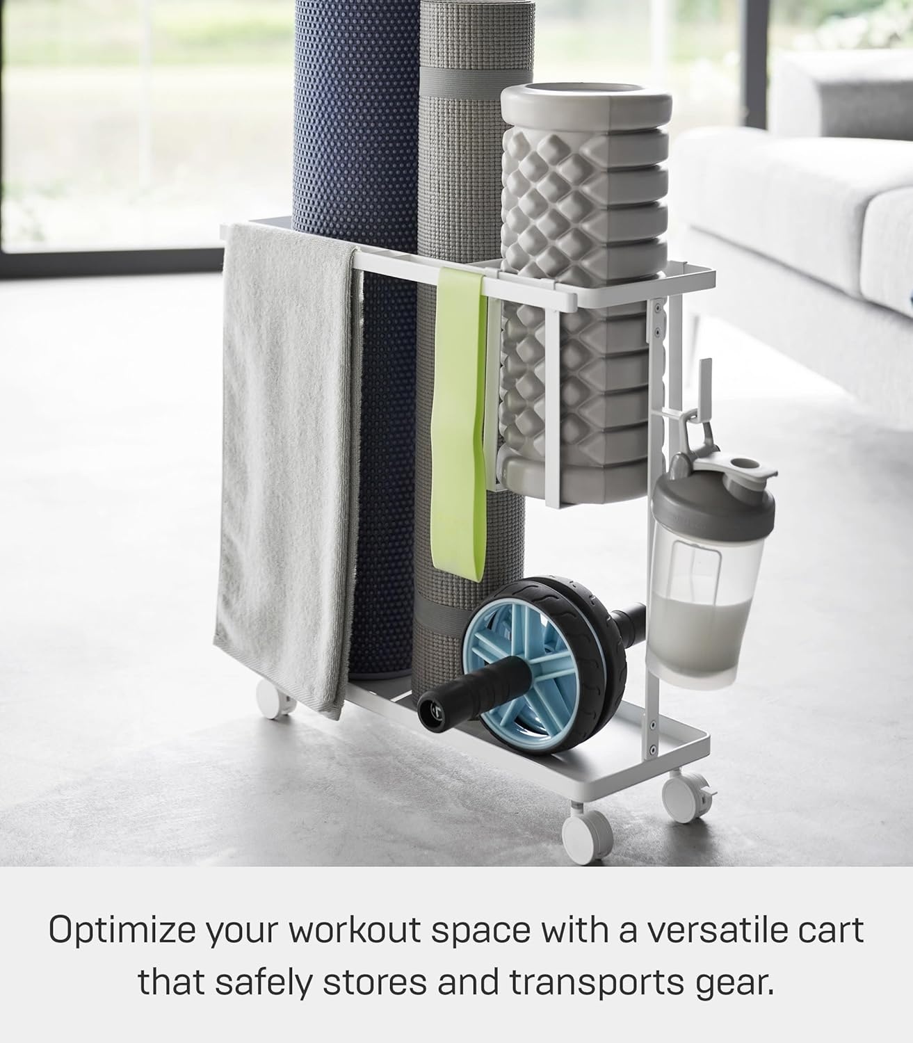 image:imageYAMAZAKI Home Tower Rolling Slim Fitness Rack with Adjustable Holder Casters Hooks for Gear Organization SteelWhite