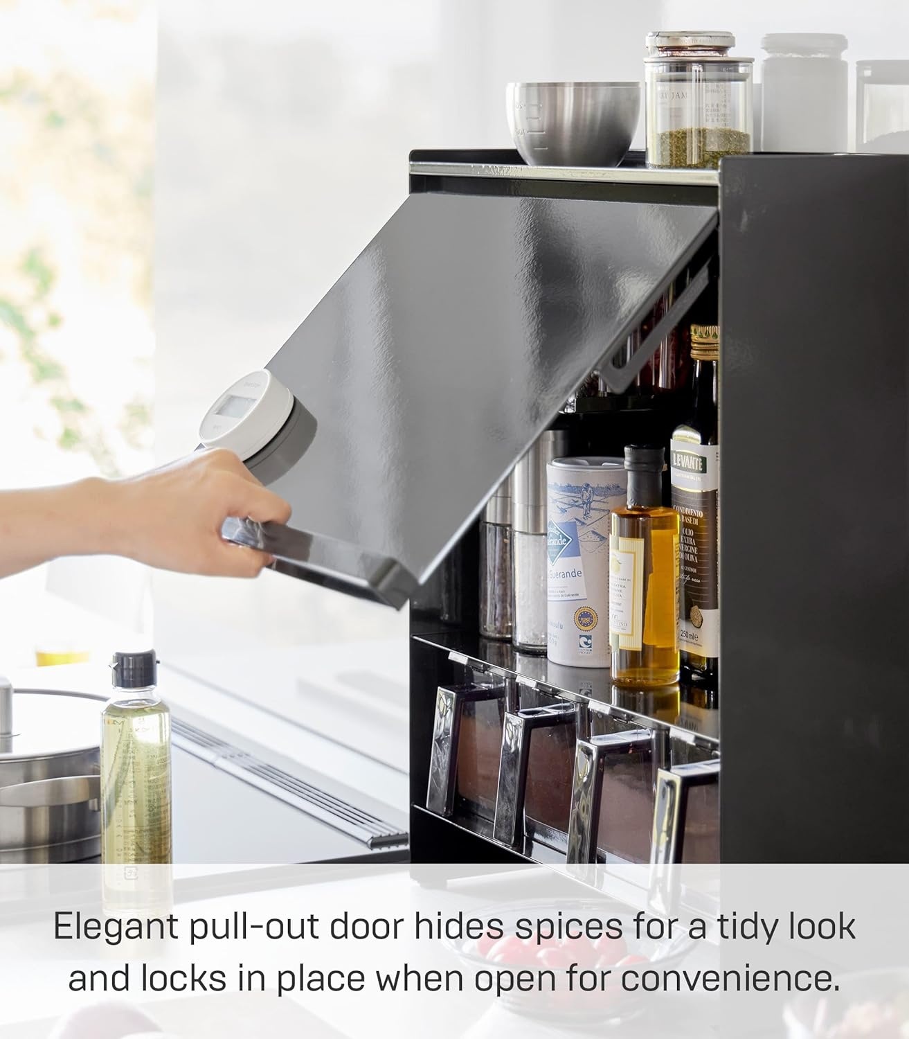 image:imageYAMAZAKI Home Tower Seasoning Condiments Spice Rack With Door Large Kitchen MultiTier Metal Shelves SteelBlack