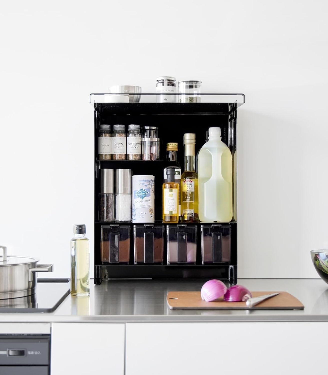 image:imageYAMAZAKI Home Tower Seasoning Condiments Spice Rack With Door Large Kitchen MultiTier Metal Shelves SteelBlack