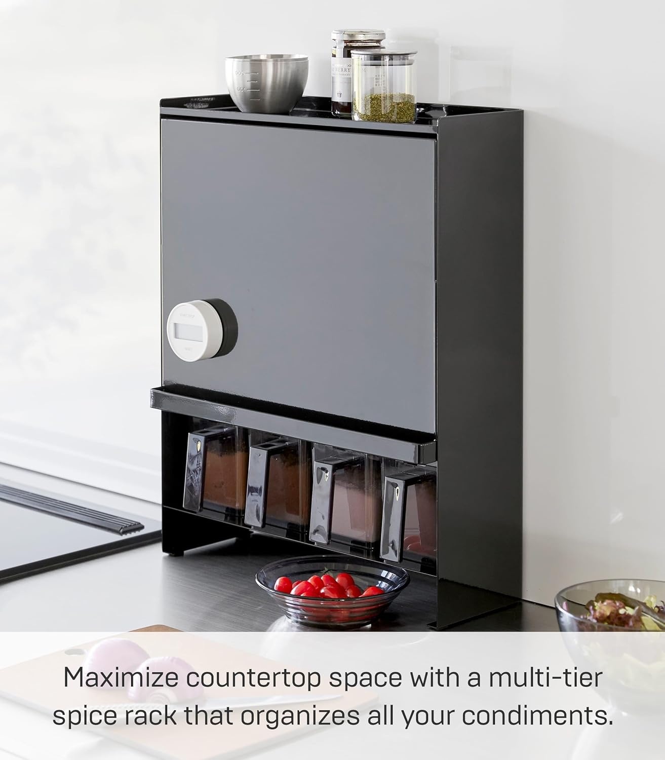 image:imageYAMAZAKI Home Tower Seasoning Condiments Spice Rack With Door Large Kitchen MultiTier Metal Shelves SteelBlack