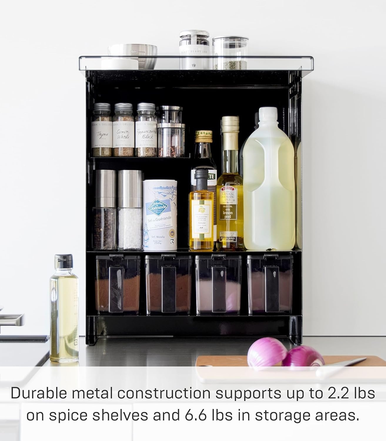 image:imageYAMAZAKI Home Tower Seasoning Condiments Spice Rack With Door Large Kitchen MultiTier Metal Shelves SteelBlack