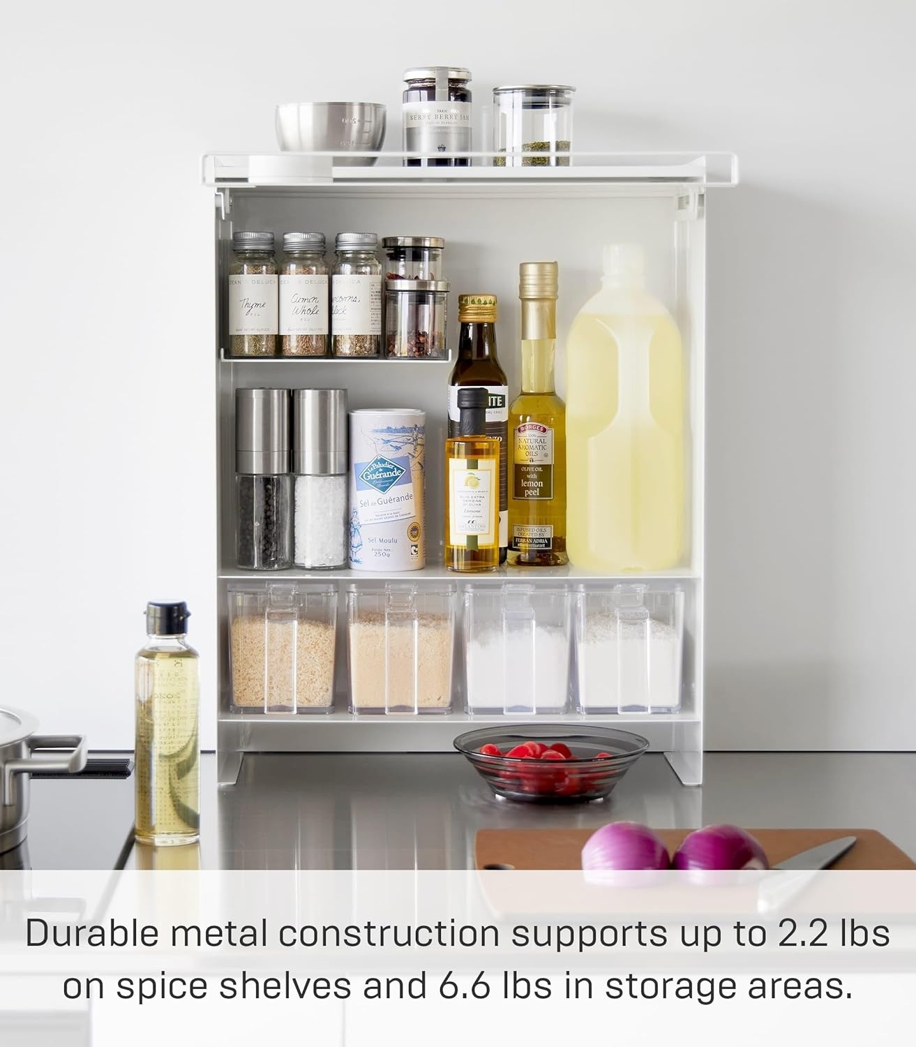 image:imageYAMAZAKI Home Tower Seasoning Condiments Spice Rack With Door Large Kitchen MultiTier Metal Shelves SteelWhite