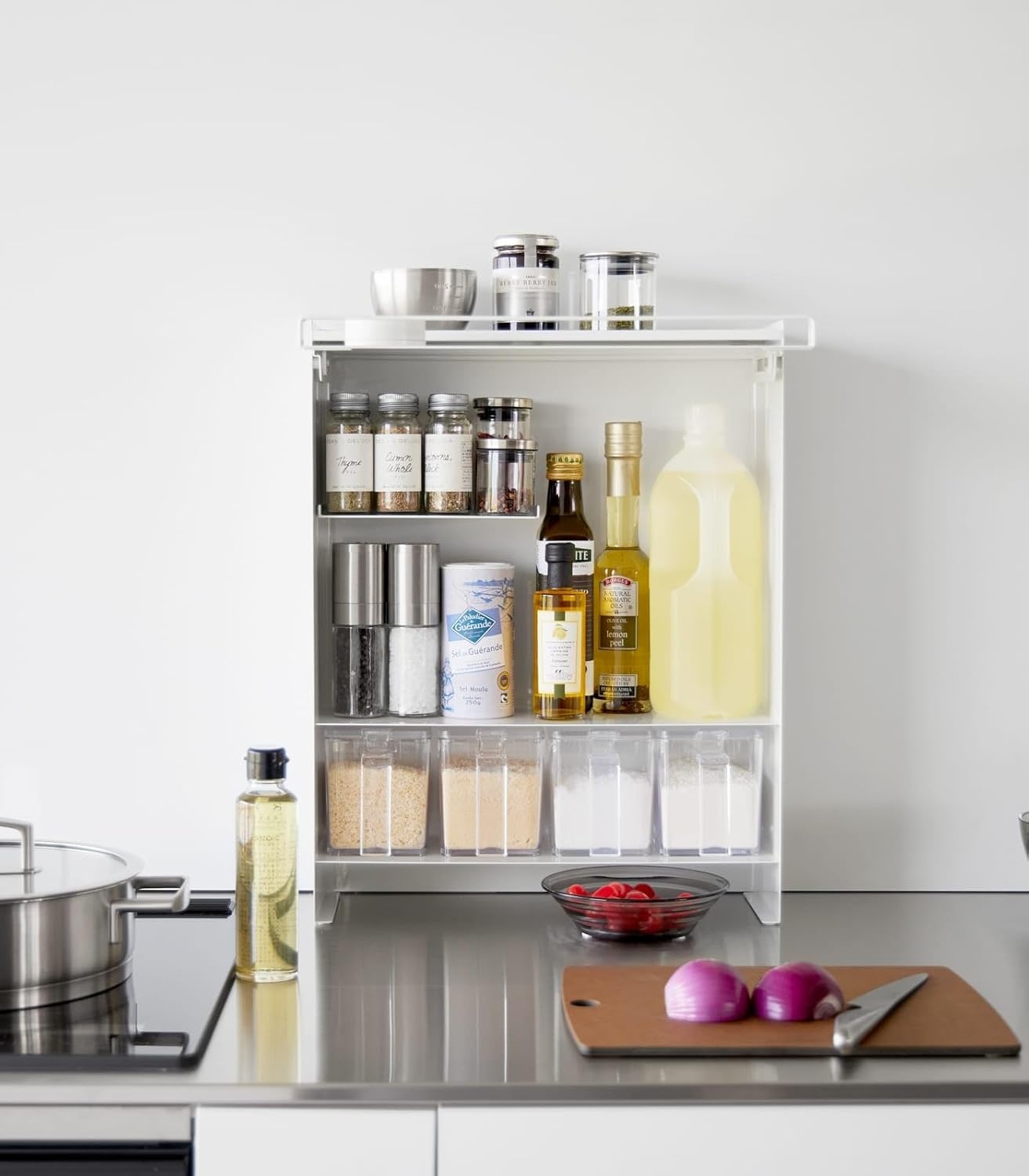 image:imageYAMAZAKI Home Tower Seasoning Condiments Spice Rack With Door Large Kitchen MultiTier Metal Shelves SteelWhite