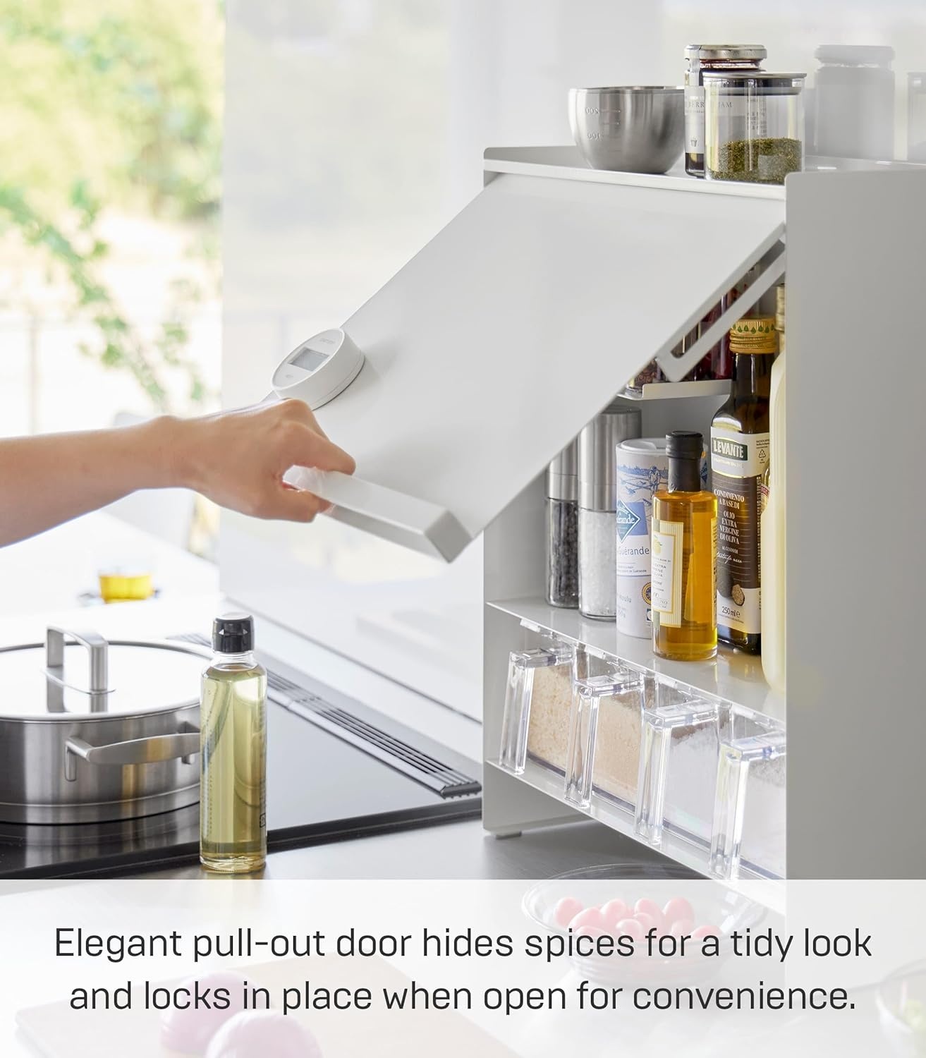 image:imageYAMAZAKI Home Tower Seasoning Condiments Spice Rack With Door Large Kitchen MultiTier Metal Shelves SteelWhite