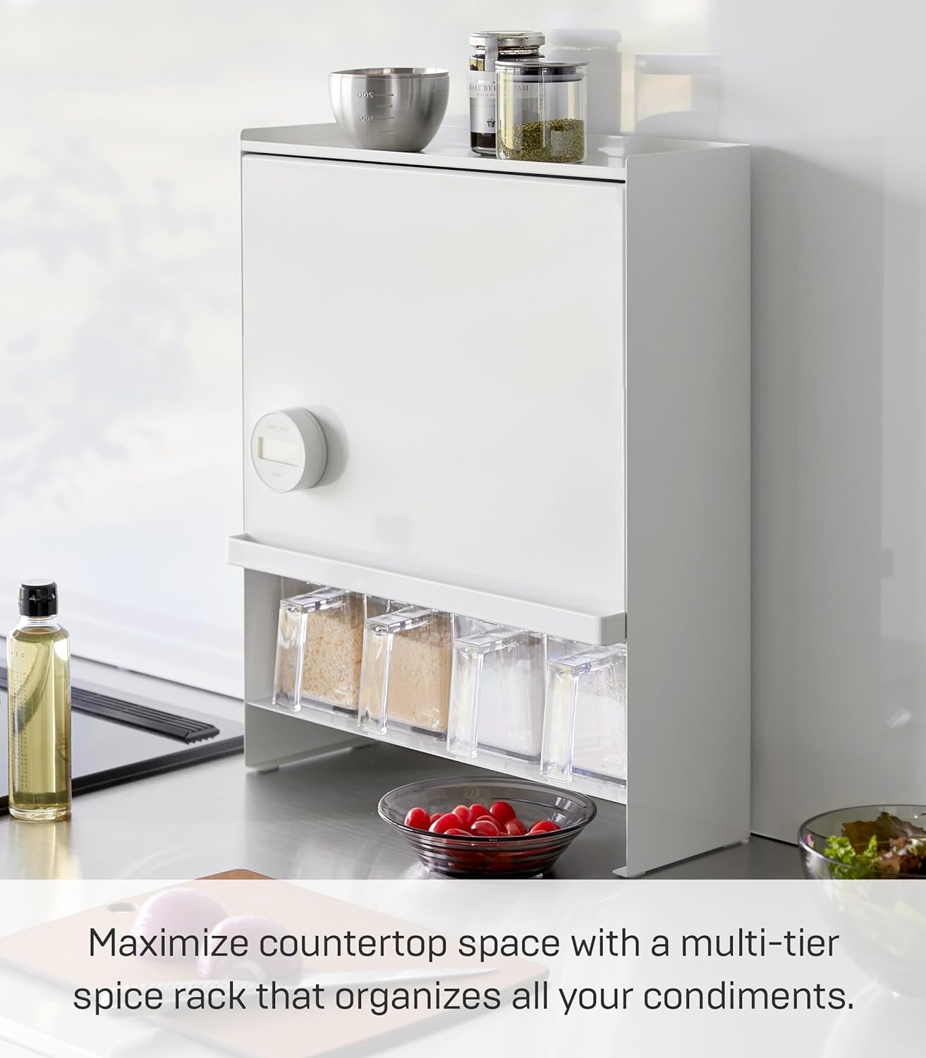 image:imageYAMAZAKI Home Tower Seasoning Condiments Spice Rack With Door Large Kitchen MultiTier Metal Shelves SteelWhite