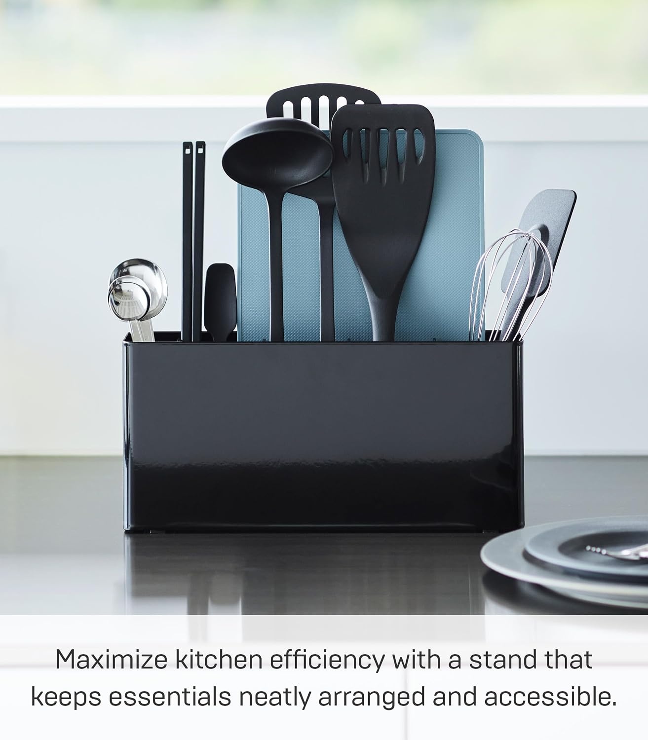 image:imageYAMAZAKI Home Tower Slim Kitchen Stand With Slim Depth Convenient Storage For Cutting Boards amp Utensils SpaceSaving Design Easy To Clean SteelBlack