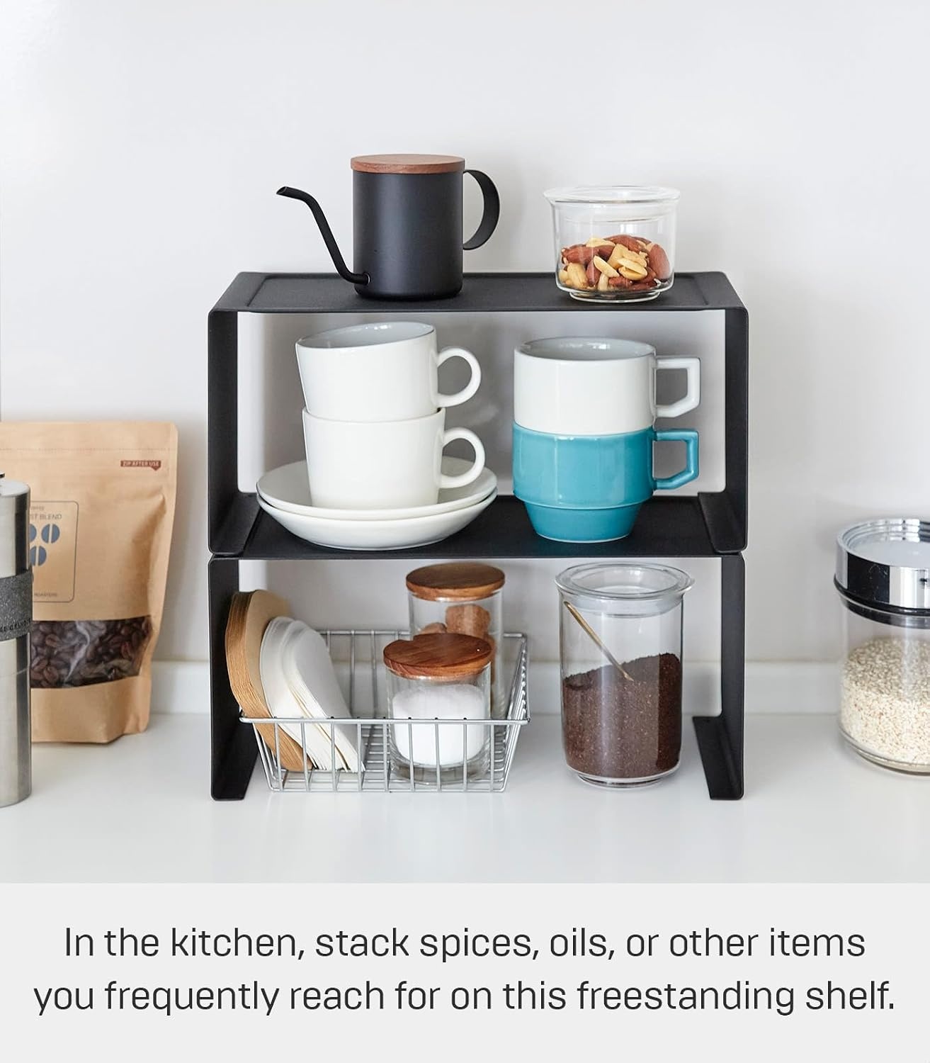 image:imageYAMAZAKI Home Tower Stackable Kitchen Rack Storage Organizer Counter Shelf Small Steel Stack Up To TwoBlack