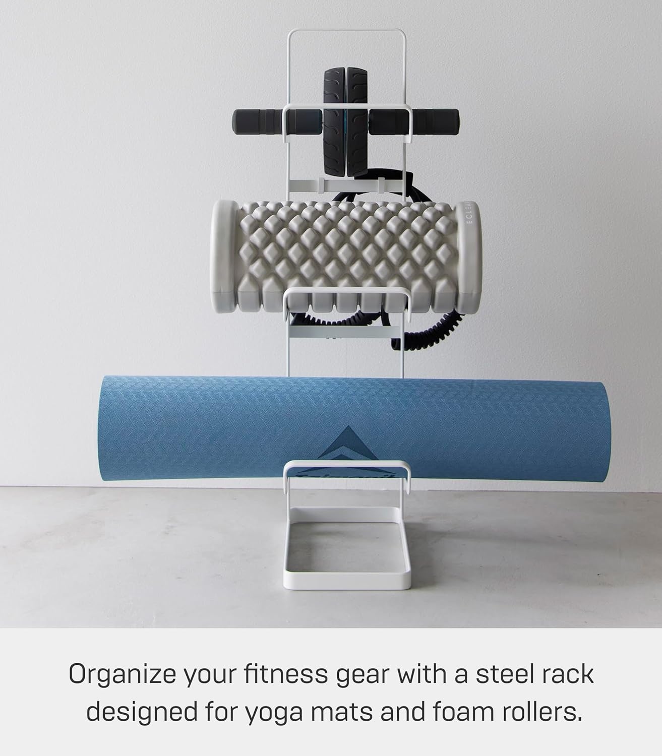 image:imageYAMAZAKI Home Tower Steel Storage Rack for Yoga Mats amp Foam Rollers Includes Hooks for Fitness Accessories SteelWhite