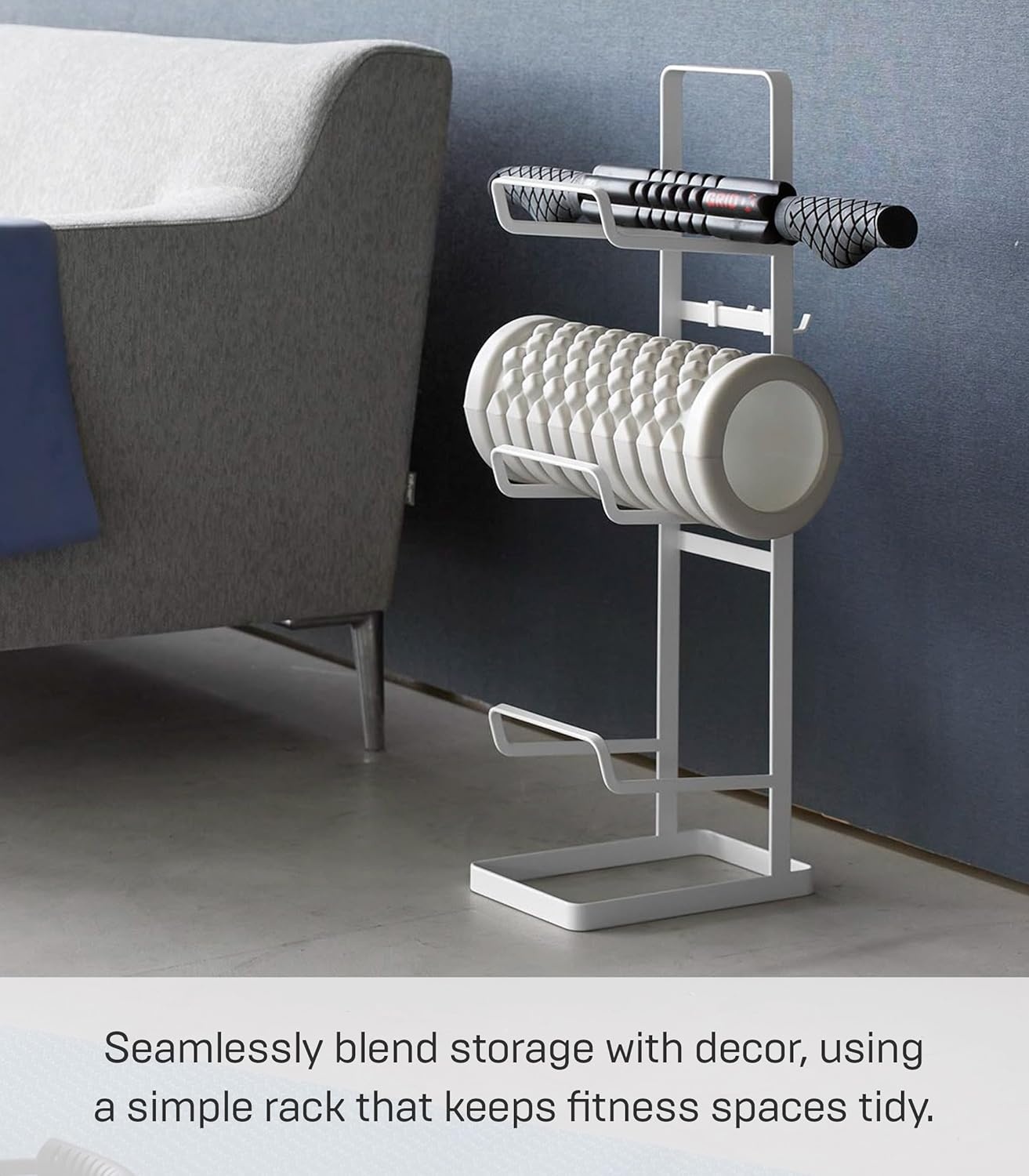 image:imageYAMAZAKI Home Tower Steel Storage Rack for Yoga Mats amp Foam Rollers Includes Hooks for Fitness Accessories SteelWhite