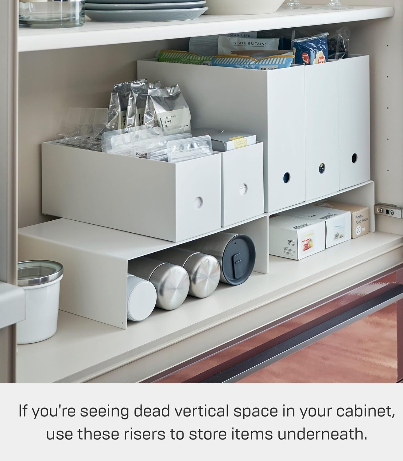 image:imageYAMAZAKI Home Tower Steel Under Cabinet Bottom Shelf Storage Organizer Set of 2 Dish Riser for Under Sink Or Kitchen Pantry Or Counter Steel White