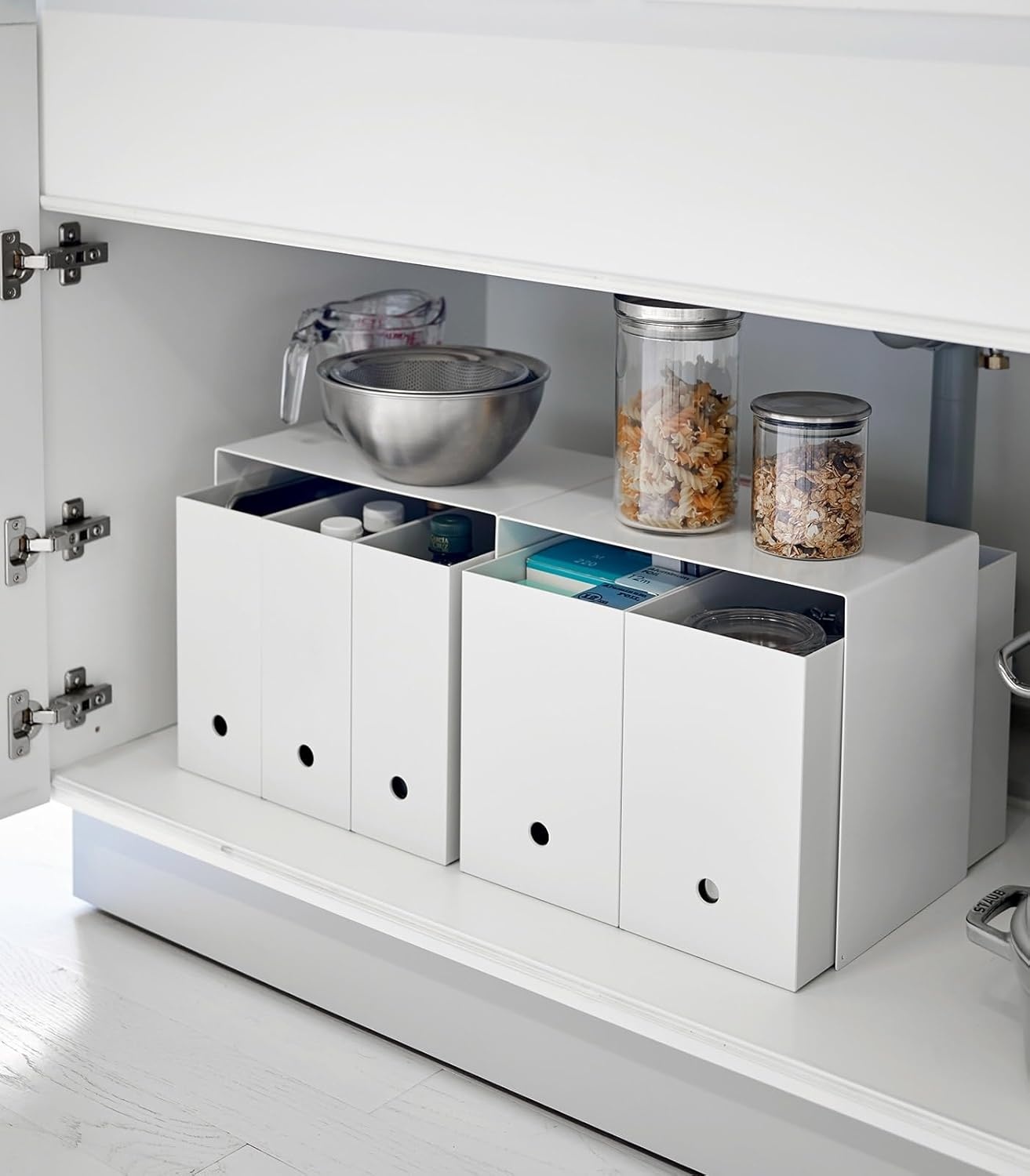 image:imageYAMAZAKI Home Tower Steel Under Cabinet Storage Organizer for Dishes Pots Or Pans Set of 2 Kitchen Pantry Steel White