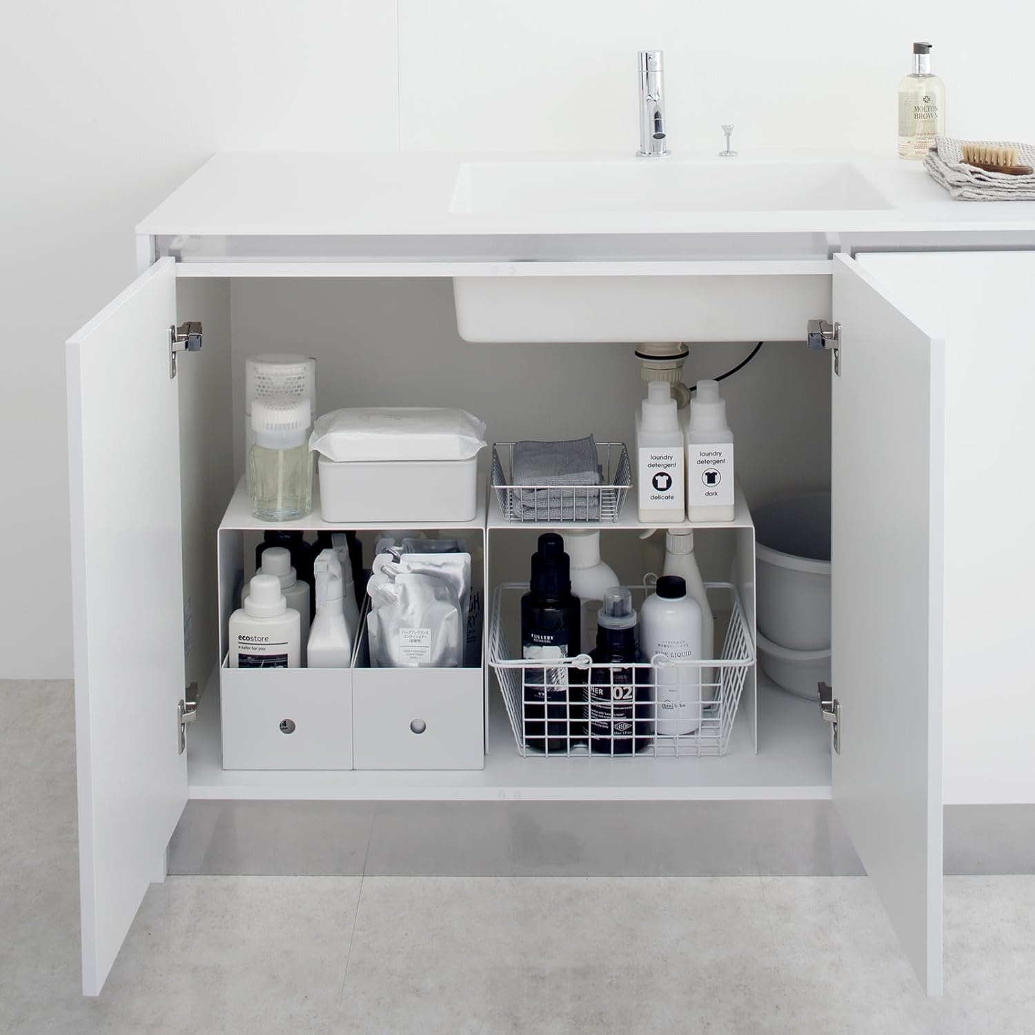 image:imageYAMAZAKI Home Tower Steel Under Cabinet Storage Organizer for Dishes Pots Or Pans Set of 2 Kitchen Pantry Steel White