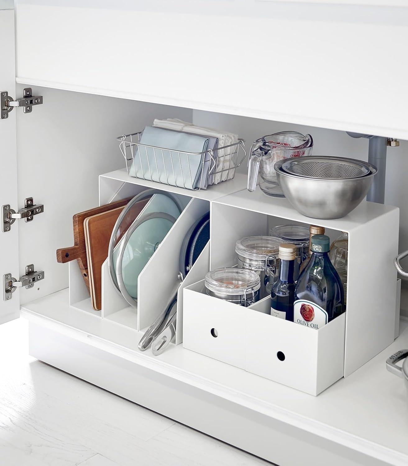 image:imageYAMAZAKI Home Tower Steel Under Cabinet Storage Organizer for Dishes Pots Or Pans Set of 2 Kitchen Pantry Steel White