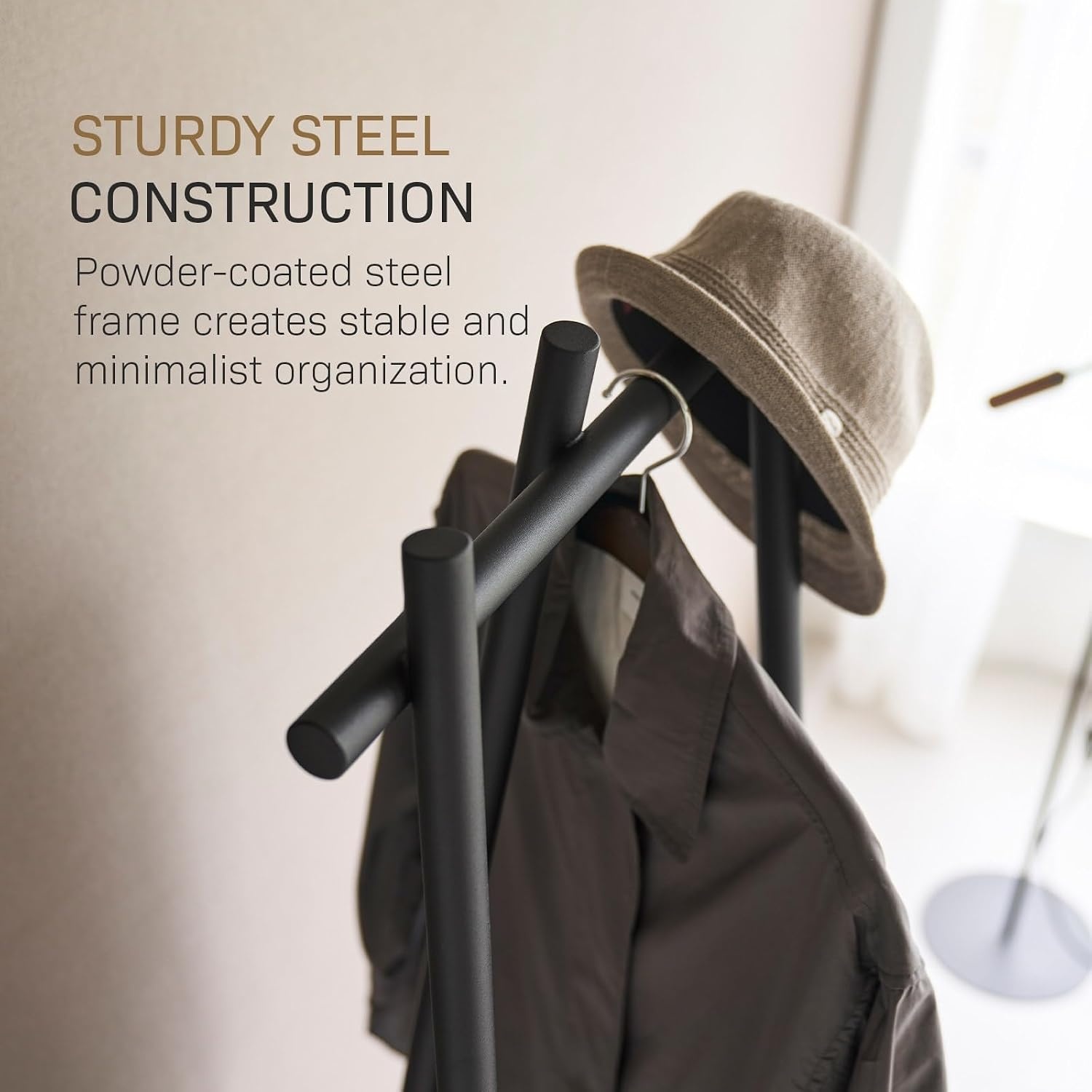 image:imageYAMAZAKI Home Tower TriPost Coat Rack Freestanding Steel Coat Tree With Side Pegs 3Leg Standing Coat Hanger For Entryway Hallway Bedroom 60 SteelBlack