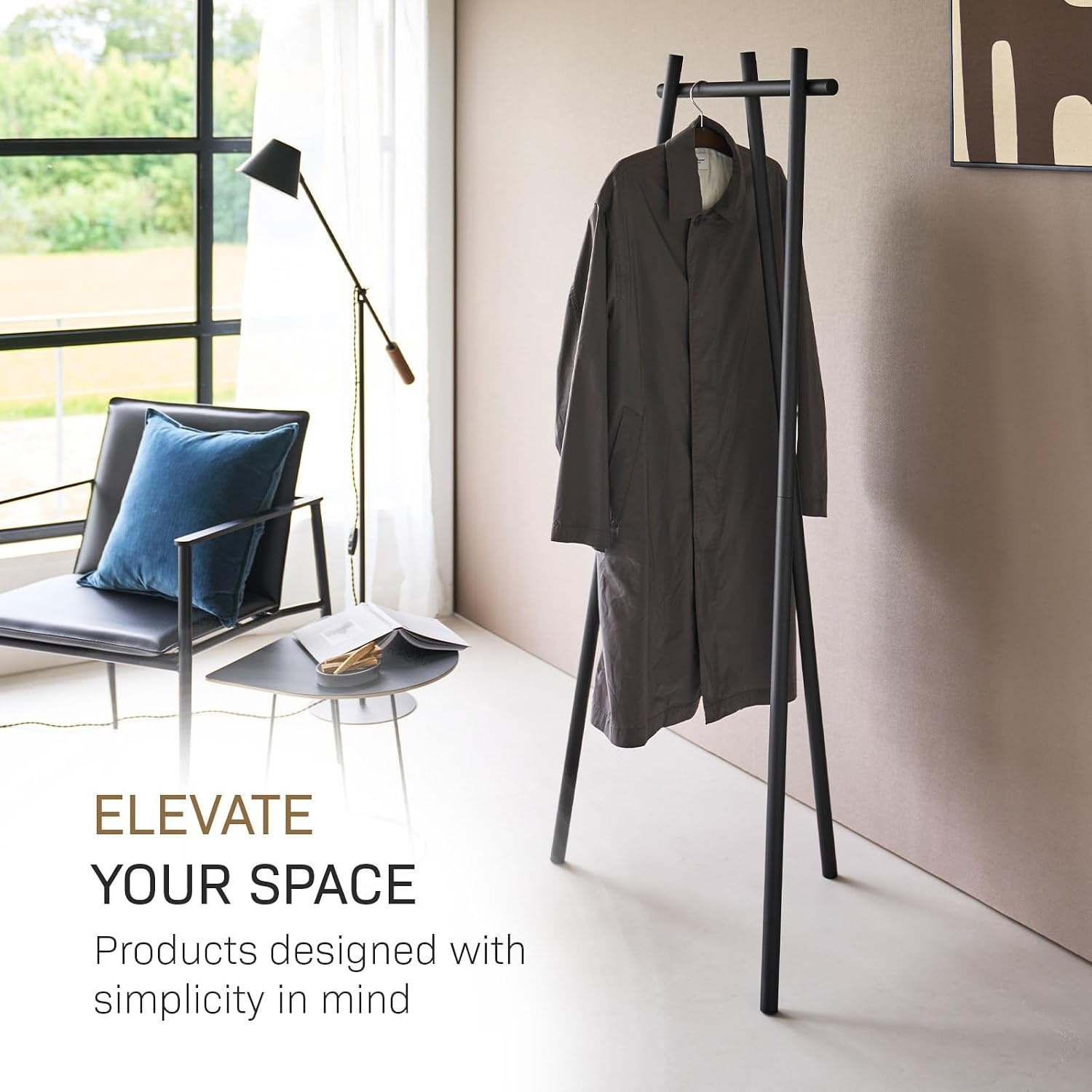 image:imageYAMAZAKI Home Tower TriPost Coat Rack Freestanding Steel Coat Tree With Side Pegs 3Leg Standing Coat Hanger For Entryway Hallway Bedroom 60 SteelBlack