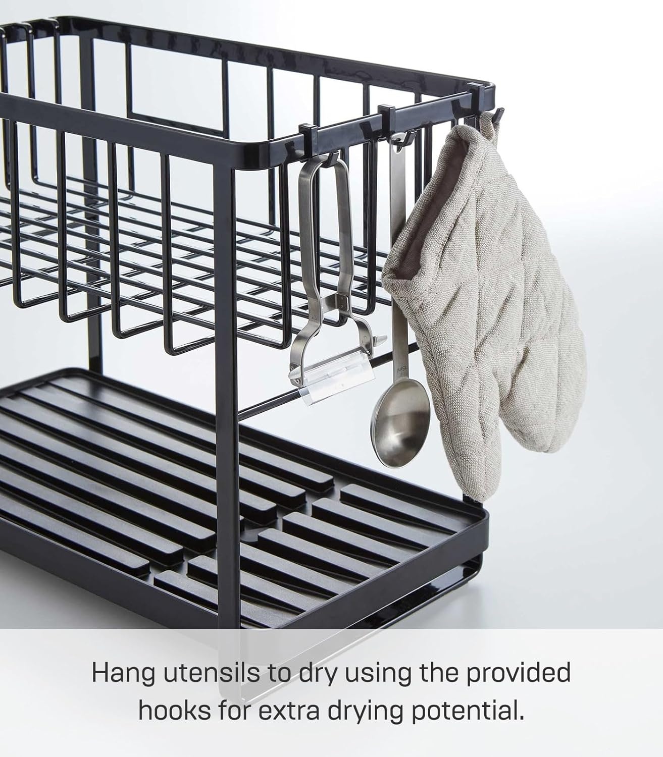 image:imageYAMAZAKI Home Tower TwoTier Adjustable Dish Drainer Rack Compact Drying Rack with Hooks Utensils Holder Steel Black