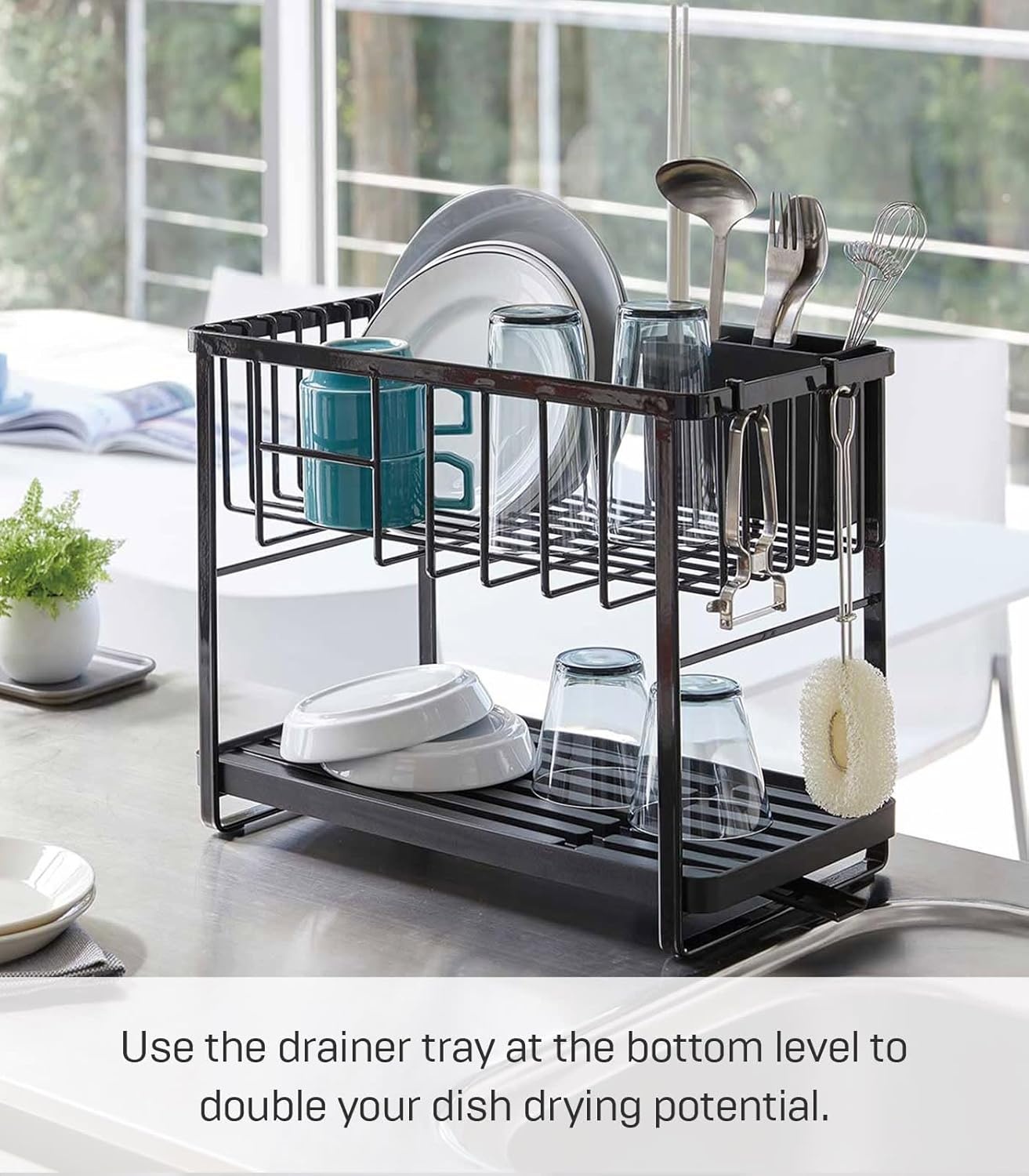 image:imageYAMAZAKI Home Tower TwoTier Adjustable Dish Drainer Rack Compact Drying Rack with Hooks Utensils Holder Steel Black