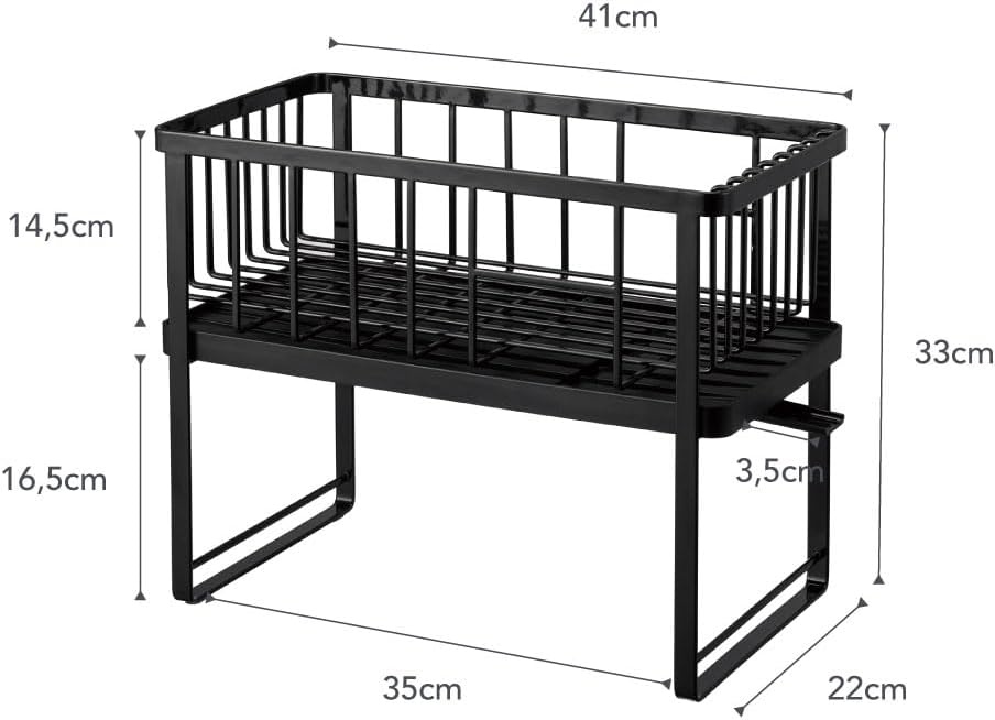 image:imageYAMAZAKI Home Tower TwoTier Adjustable Dish Drainer Rack Compact Drying Rack with Hooks Utensils Holder Steel Black